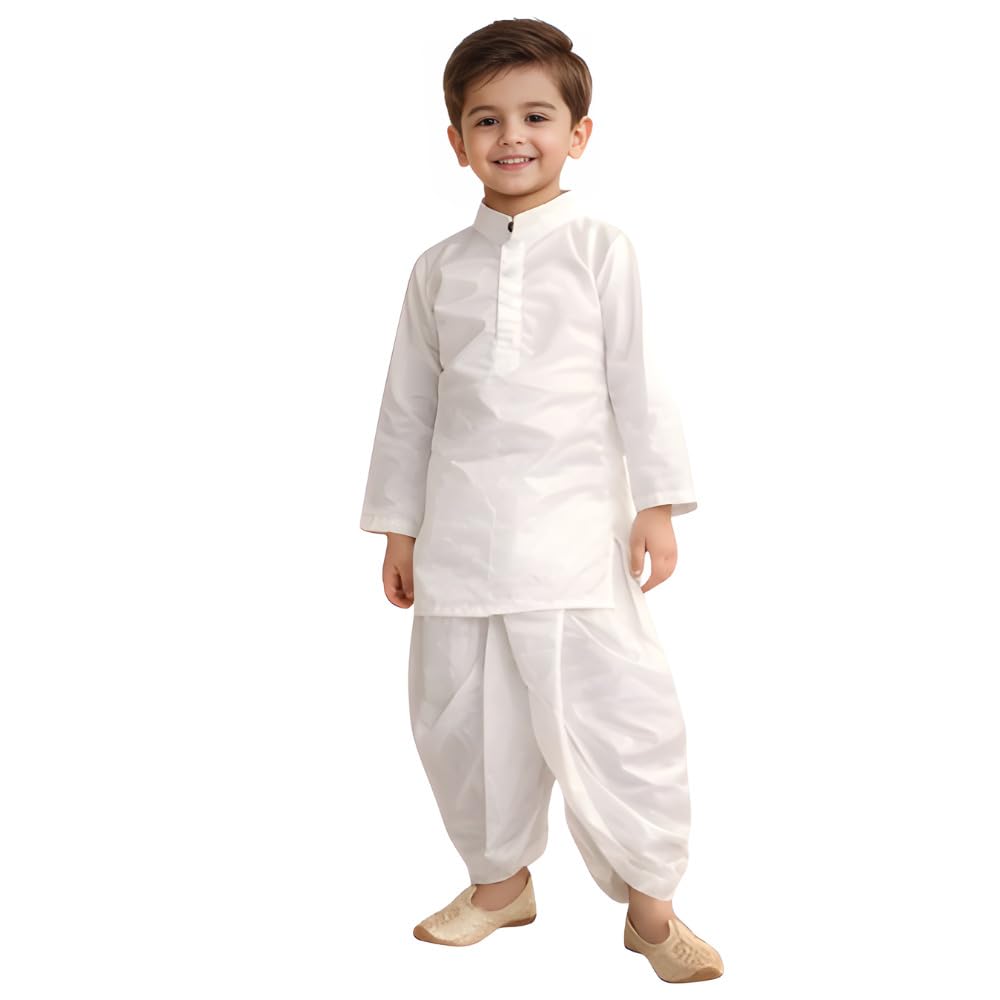 Boys Kurta Pajama Set White | Kids Ethnic Wear Set for Wedding, Festival & Traditional Functions | Cotton Kurta Pyjama Outfit for Boys