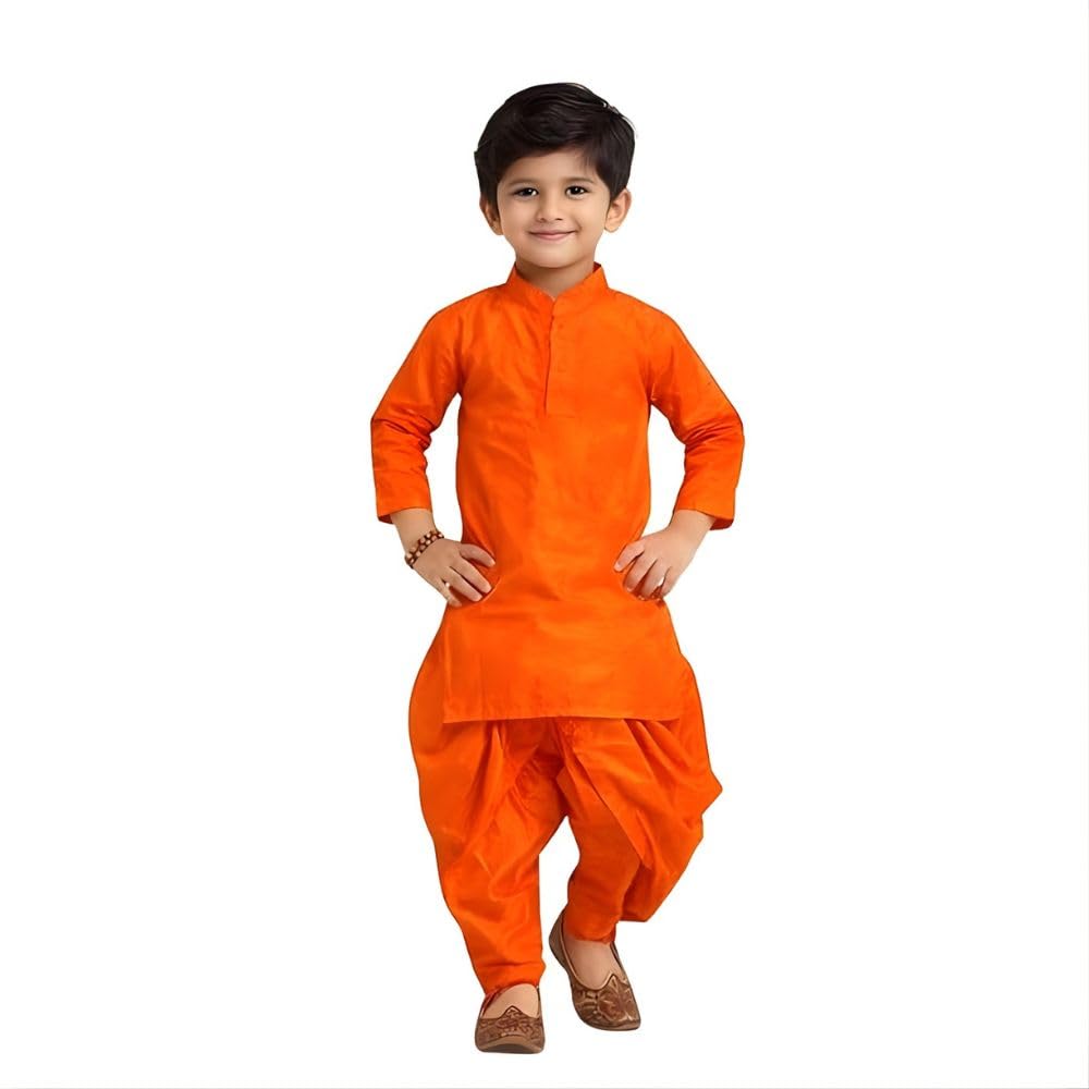 Boys Kurta Pajama Set Orange | Kids Ethnic Wear Dress for Wedding, Festival & Traditional Functions | Cotton Kurta Dhoti Style Pajama Outfit for Boys