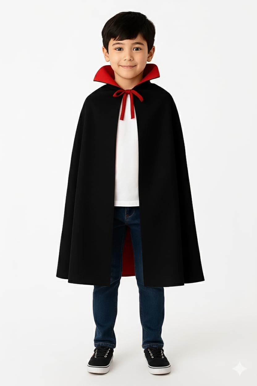 Reversible Halloween Vampire Cape for Kids | 2-in-1 Red & Black Dracula Cloak for Boys & Girls