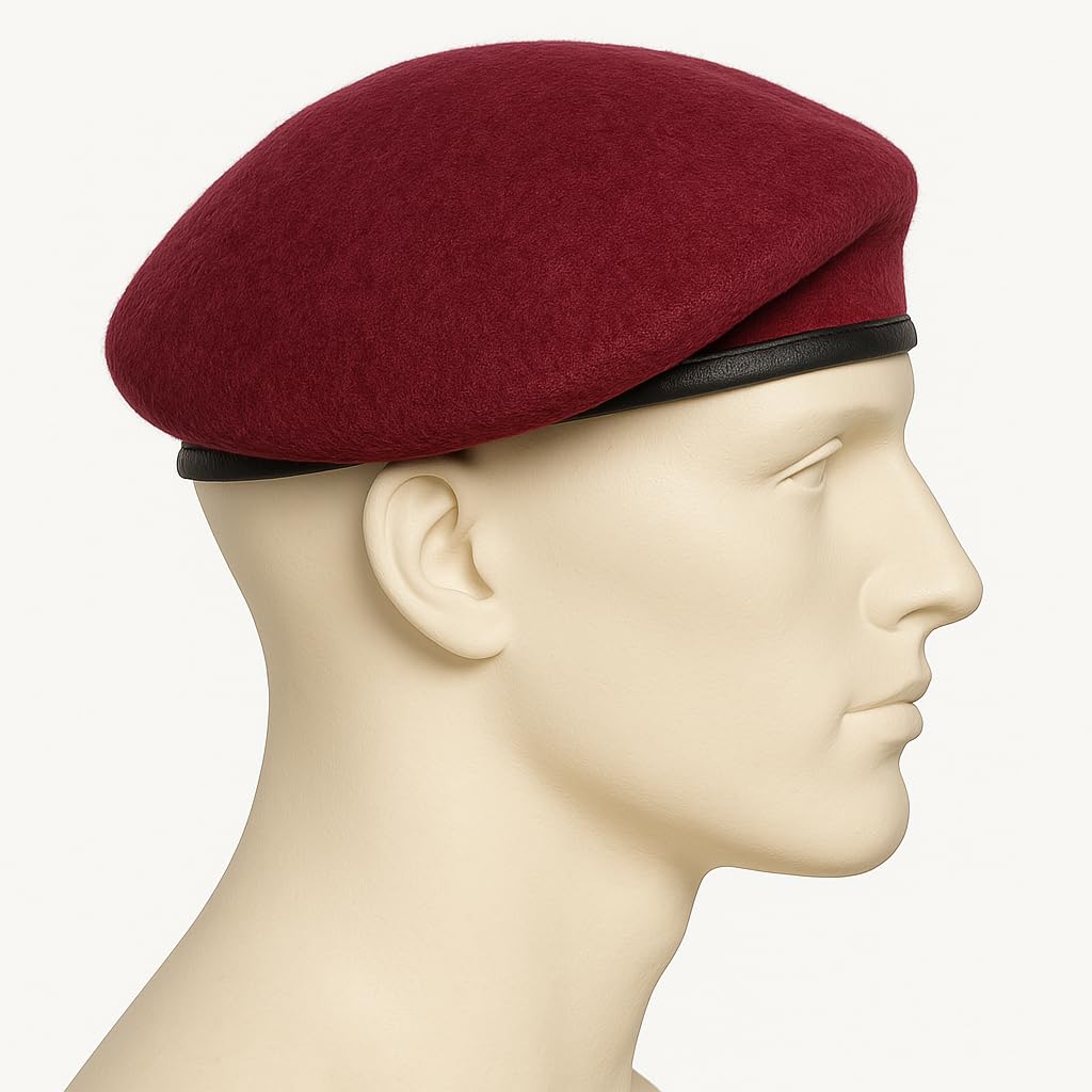 Military Style Beret Cap, Maroon with Black Trim