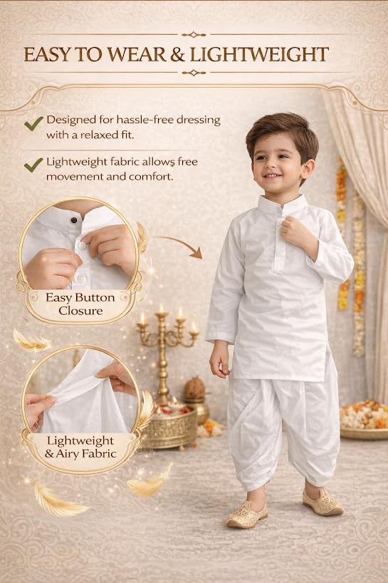 Boys Kurta Pajama Set White | Kids Ethnic Wear Set for Wedding, Festival & Traditional Functions | Cotton Kurta Pyjama Outfit for Boys