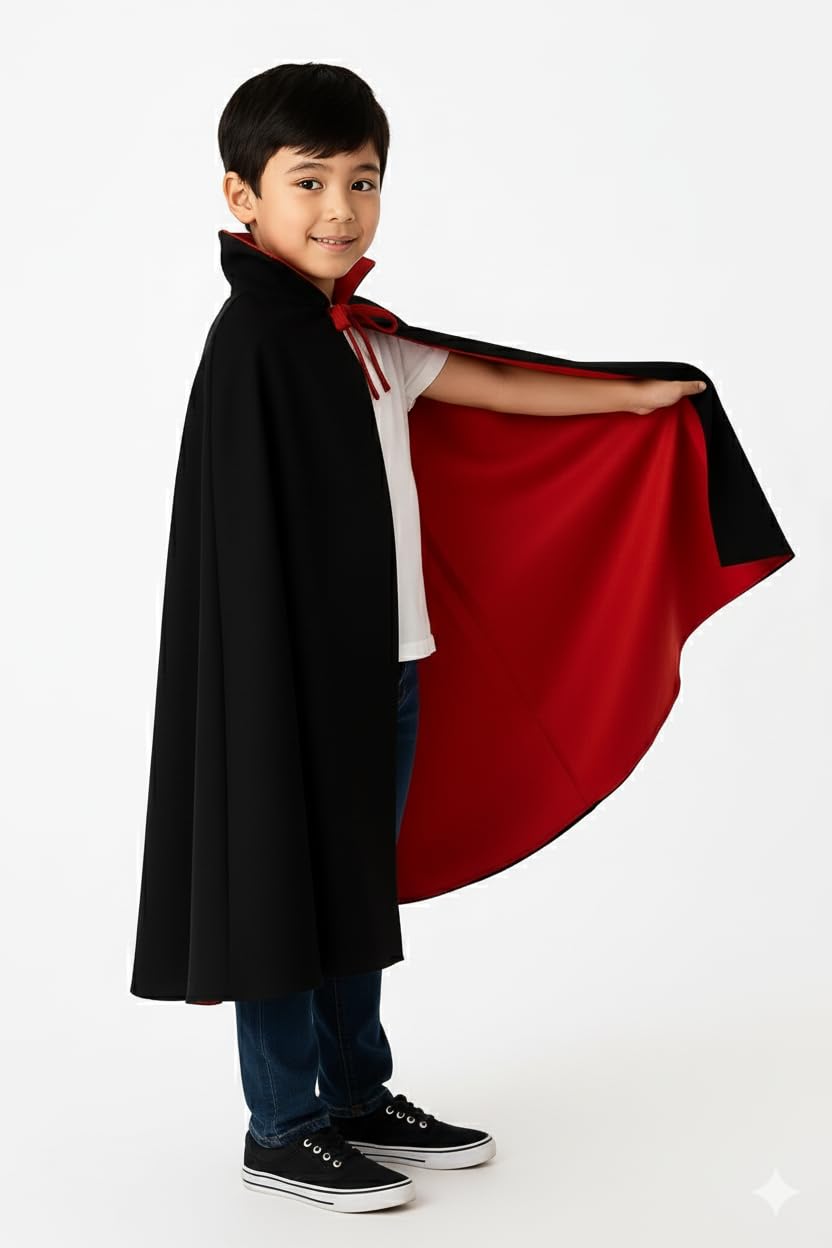 Reversible Halloween Vampire Cape for Kids | 2-in-1 Red & Black Dracula Cloak for Boys & Girls