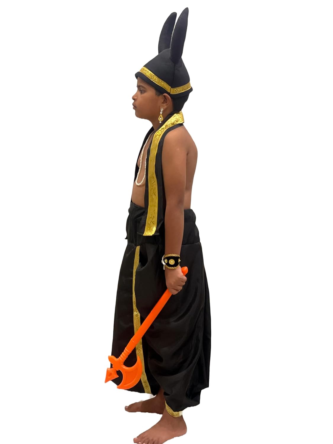 Asur Fancy Dress Costume for Kids | Black & Gold Traditional Rakshasa Outfit with Horn Headgear & Farsa