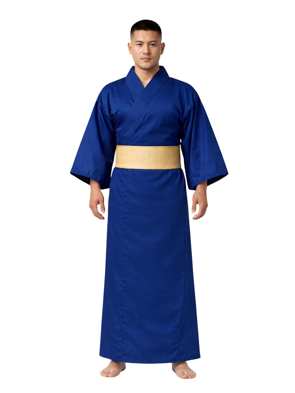 Men’s Japanese Style Kimono Robe Costume with Obi Belt | Full Length Yukata Outfit for Cosplay, Martial Arts, Meditation & Role Play (Royal Blue & Black)