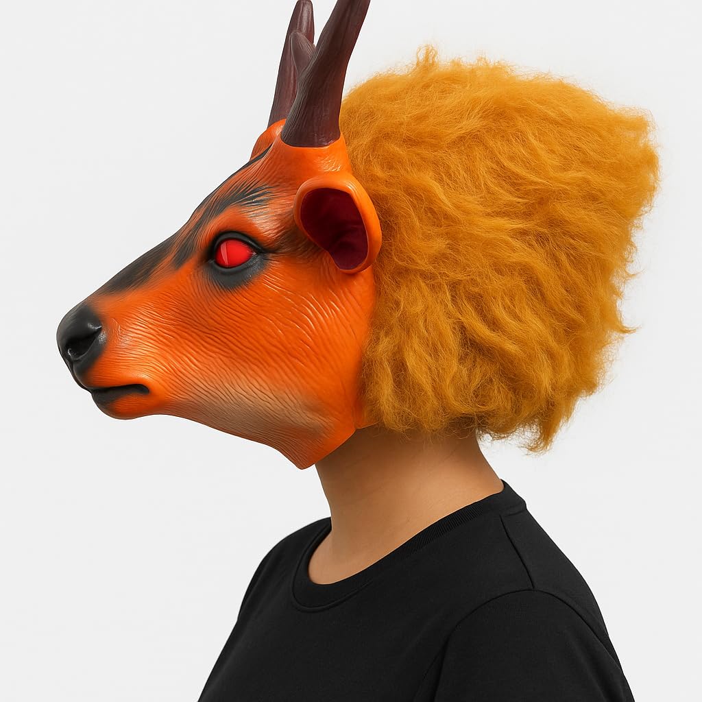 Deer Mask for Kids | Animal Costume Mask with Fluffy Mane & Horns | Fancy Dress Accessory for School Events (Orange)
