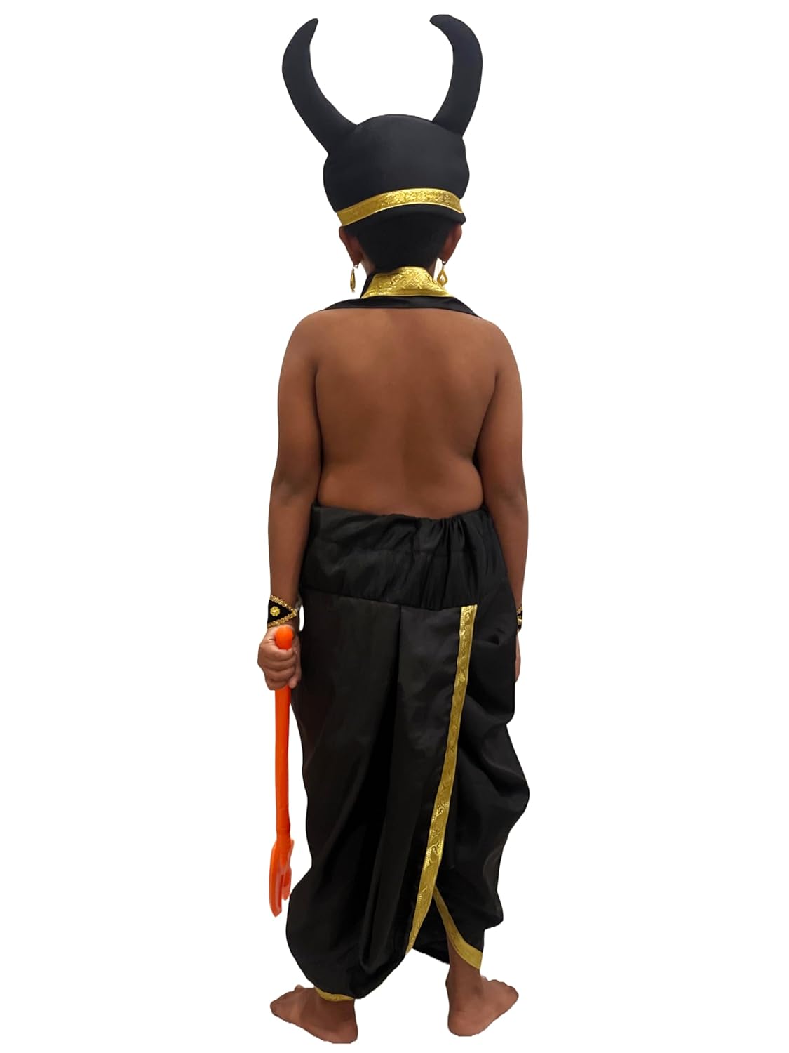 Asur Fancy Dress Costume for Kids | Black & Gold Traditional Rakshasa Outfit with Horn Headgear & Farsa