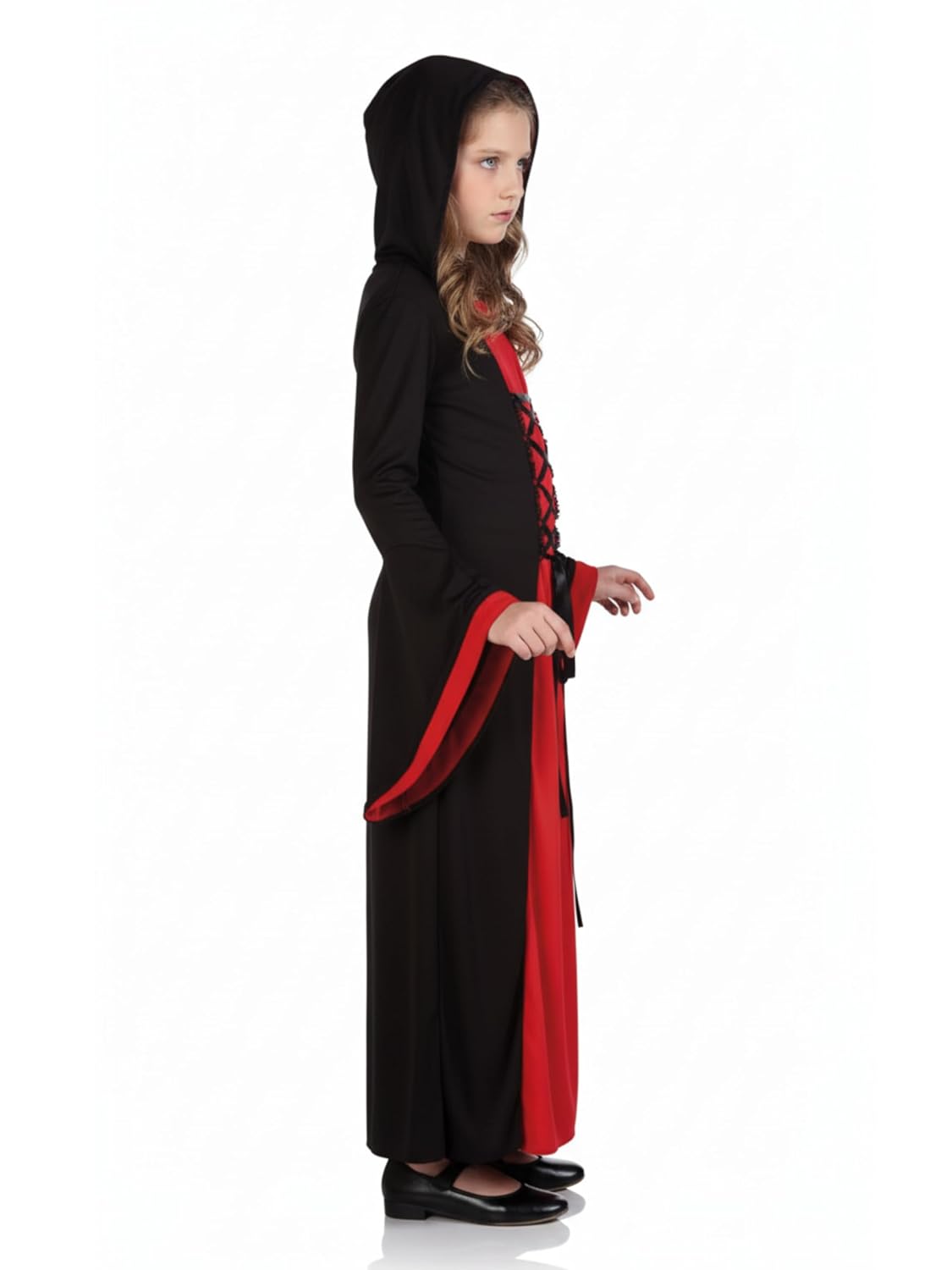 Kids Gothic Witch Costume – Red & Black Hooded witch Halloween Dress for Girls | Vampire Sorceress Costume with Flared Sleeves & Lace Front |