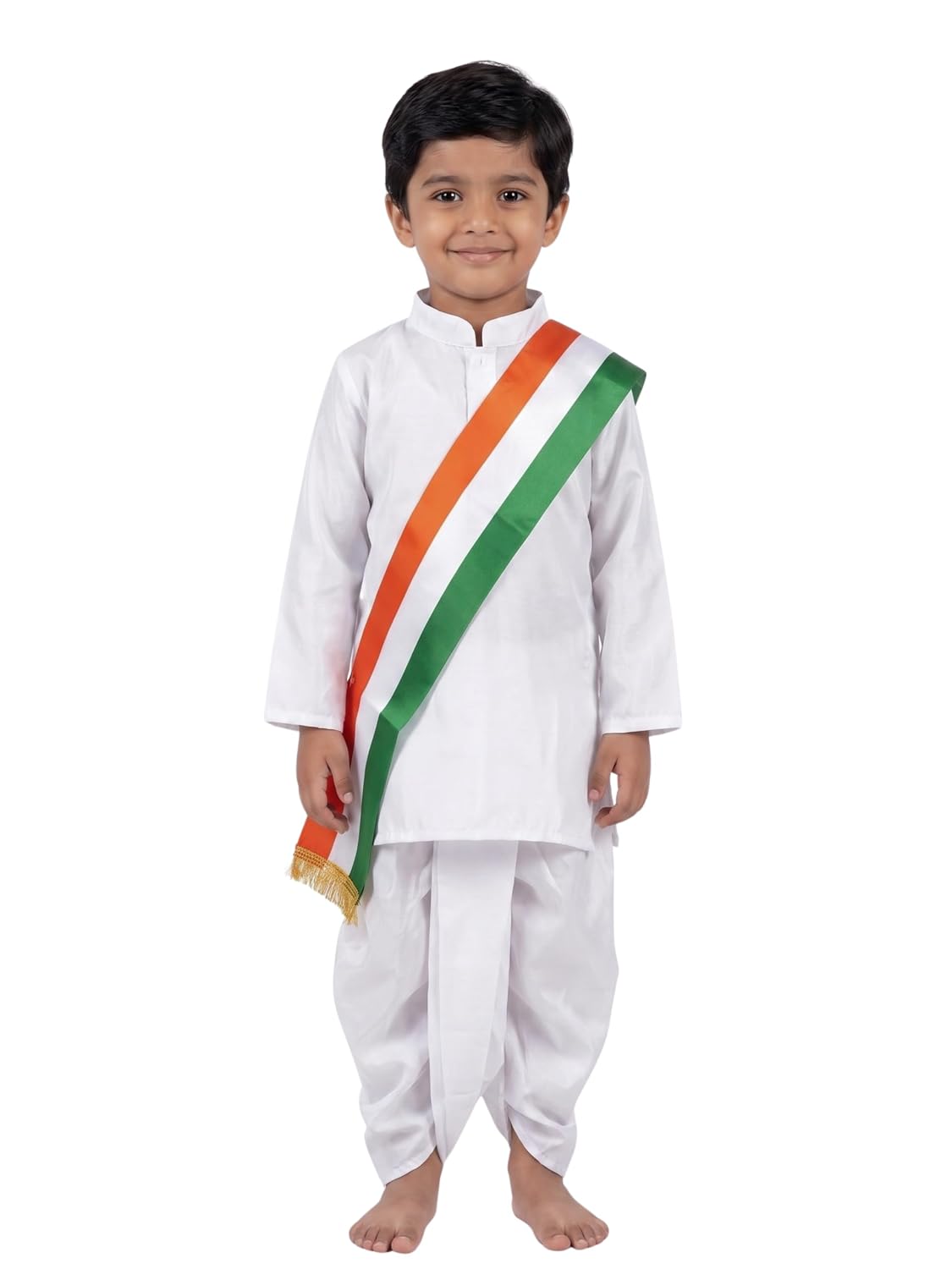 Kids White Kurta Dhoti Set with Tricolor Sash | Indian Patriotic Fancy Dress Costume for Boys | Independence Day, Republic Day, School Function & Cultural Events