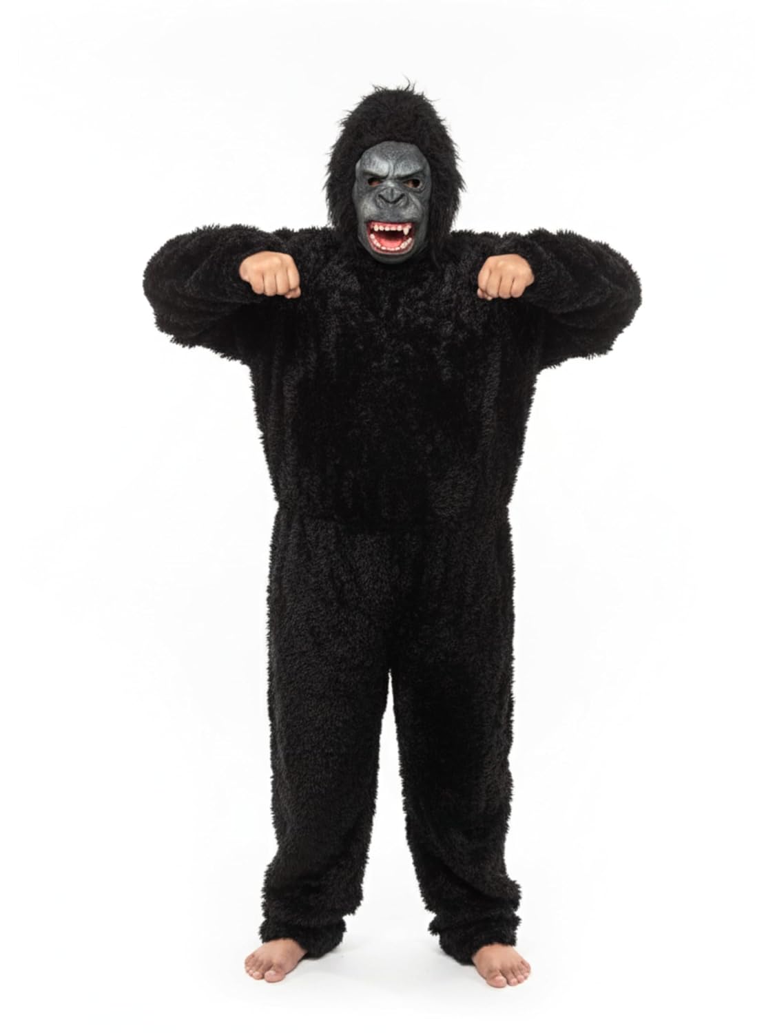 King kong/ Gorilla Costume, Black Furry Full Body Suit with Mask, Hands, Feet for Kids, Adults, Halloween, School Party