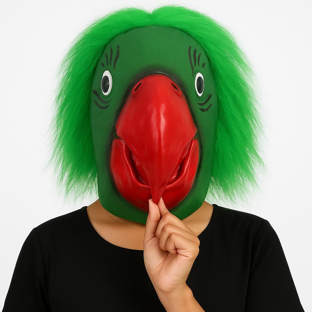 Green Parrot Costume Mask with Fur Hair, Red Beak, Leather-Look Finish for Kids