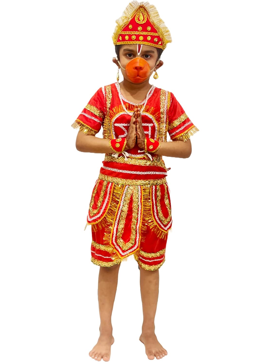 Kids Hanuman Ji Costume Set, Red & Gold Traditional Bjarang bali Dress with Crown, Tail & Mask-Without gada