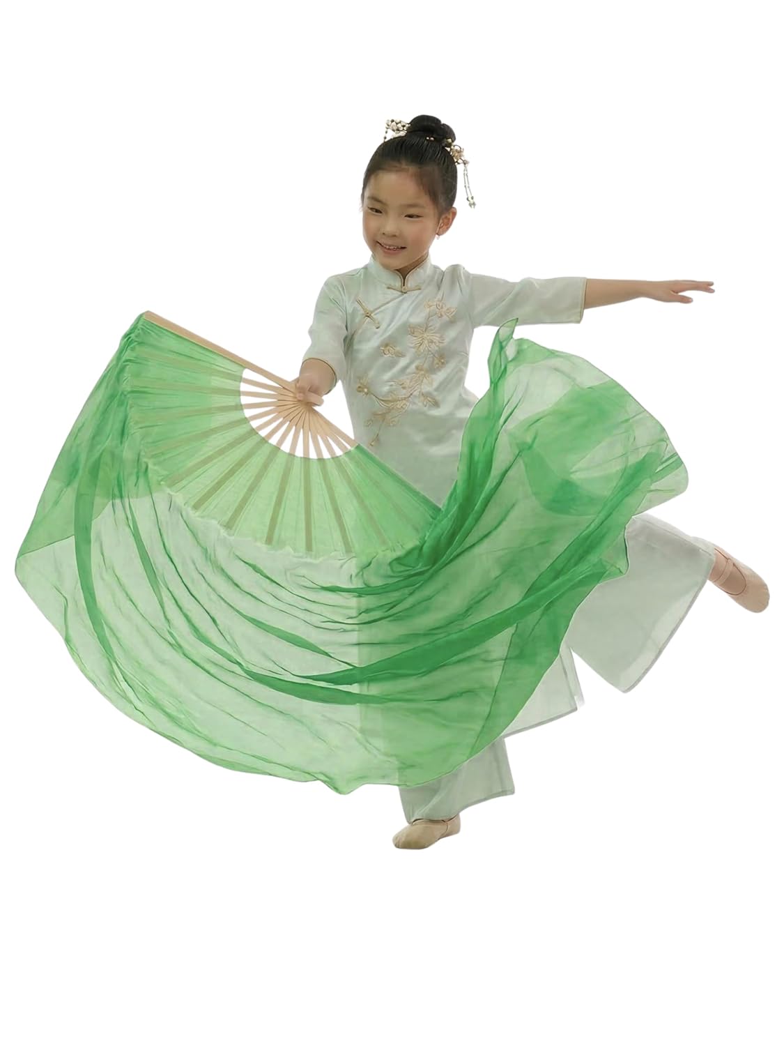Chinese Dance Fan for Kids, Green Silk Flowing Fan with Bamboo Handle, 4 Feet Long, Stage Performance Prop for Classical, Cultural, Ballet and School Dance, Lightweight Costume Accessory