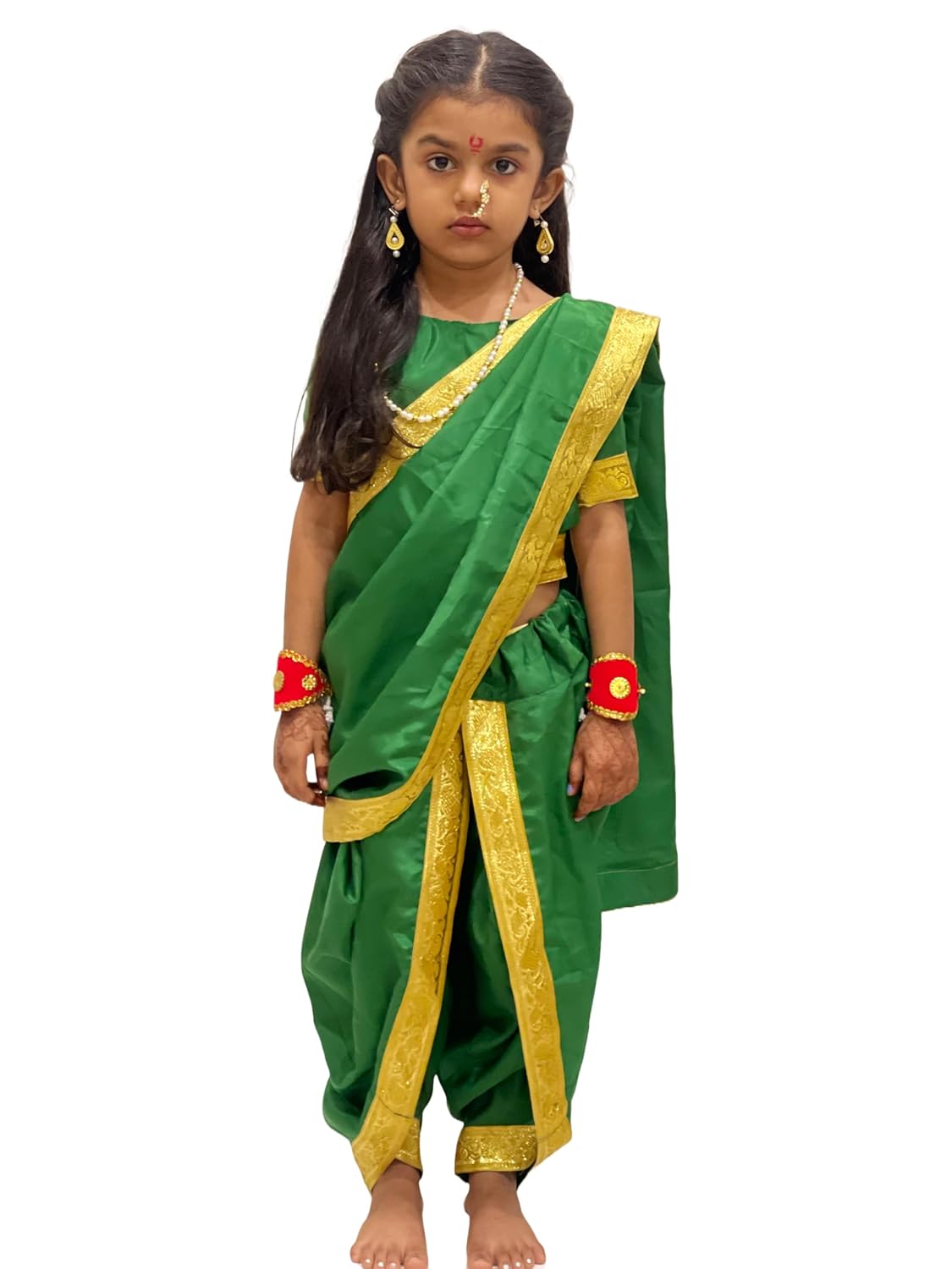 Traditional Marathi Girl Costume for Kids – Green Nauvari Saree Dress with jewellery