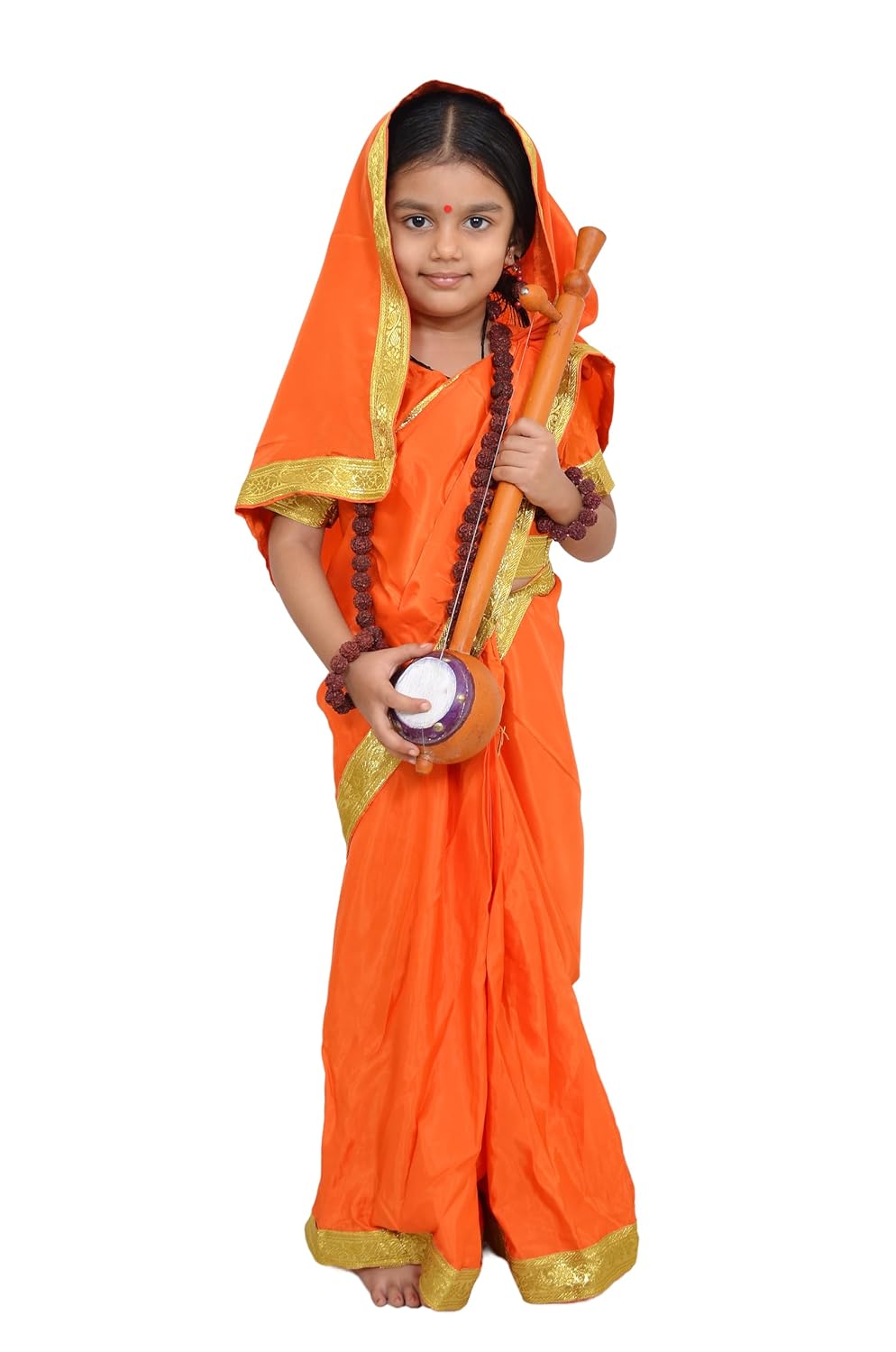 Meera Bai Costume for Kids Readymade Sari & Blouse Set with Rudraksh Jewelry & Sitar