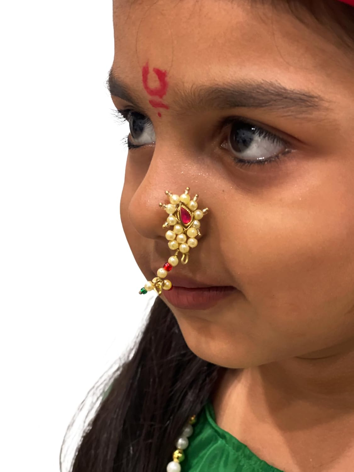 Traditional Marathi Girl Costume for Kids – Green Nauvari Saree Dress with jewellery