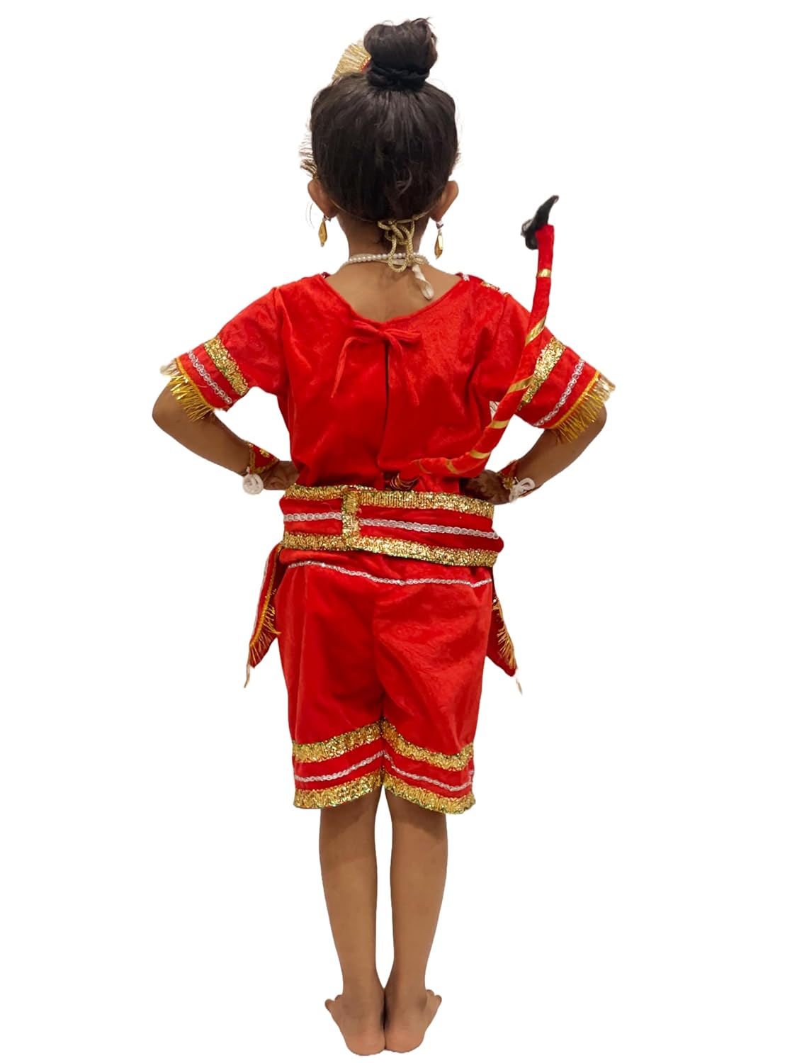 Kids Hanuman Ji Costume Set, Red & Gold Traditional Bjarang bali Dress with Crown, Tail & Mask-Without gada