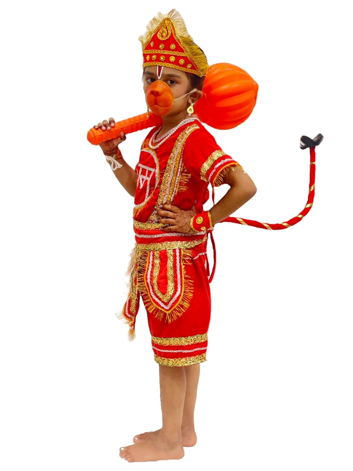 Kids Hanuman Ji Costume Set, Red & Gold Traditional Bjarang bali Dress with Crown, Tail & Mask-With gada