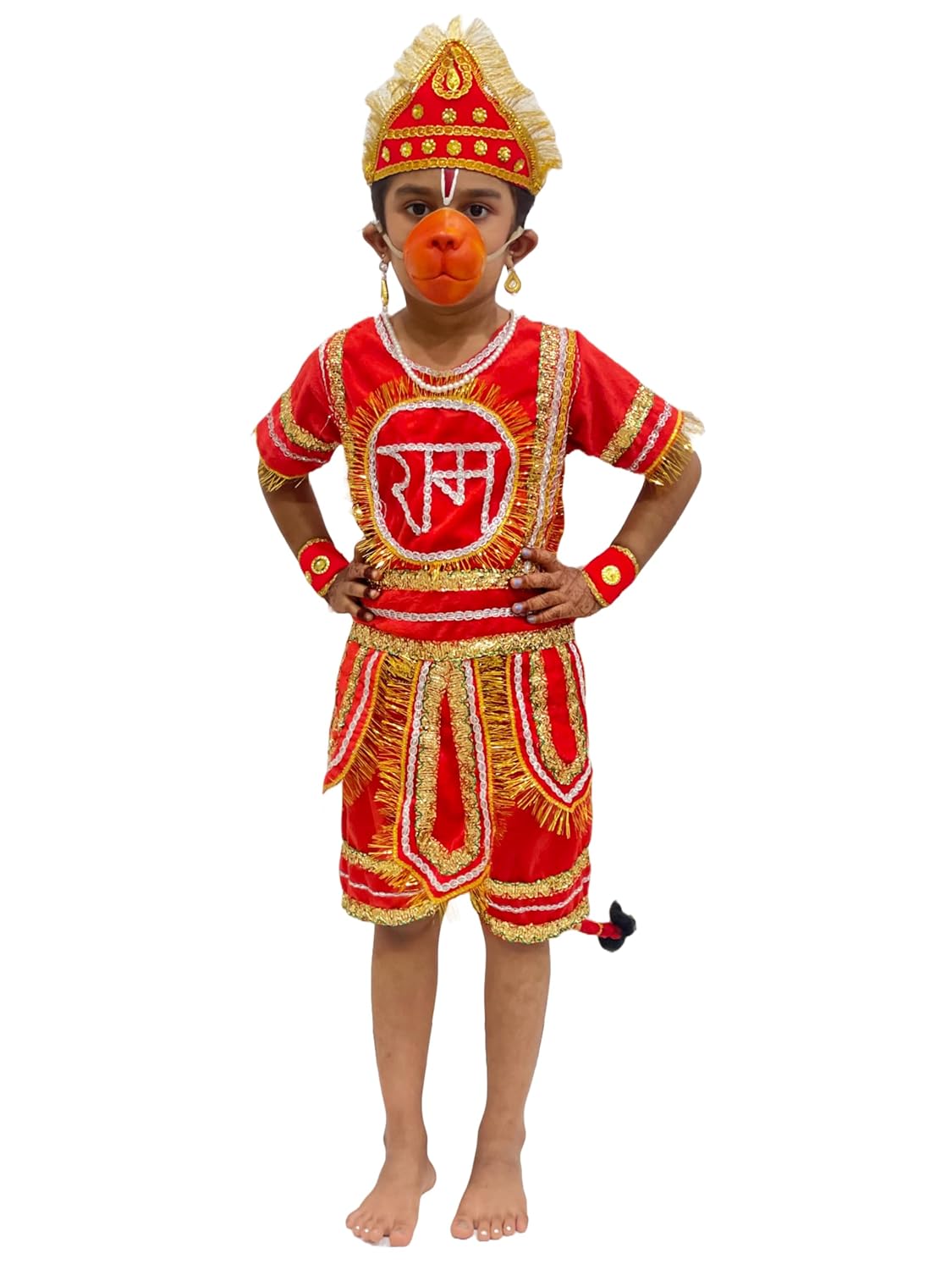 Kids Hanuman Ji Costume Set, Red & Gold Traditional Bjarang bali Dress with Crown, Tail & Mask-Without gada