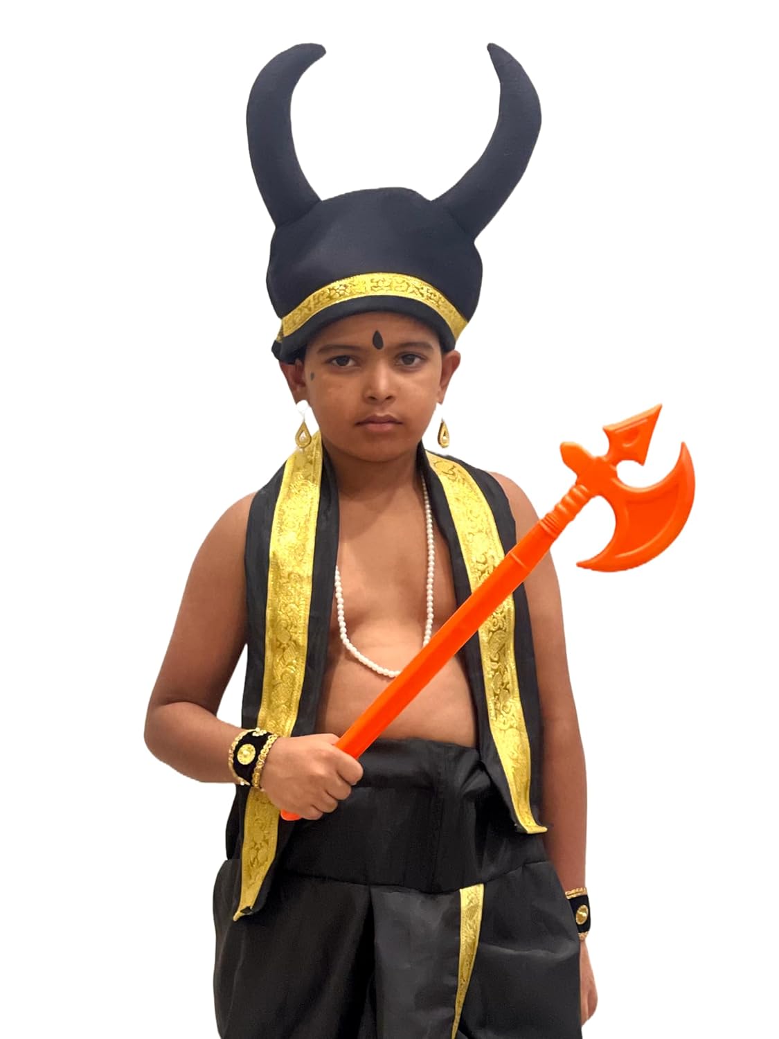 Asur Fancy Dress Costume for Kids | Black & Gold Traditional Rakshasa Outfit with Horn Headgear & Farsa