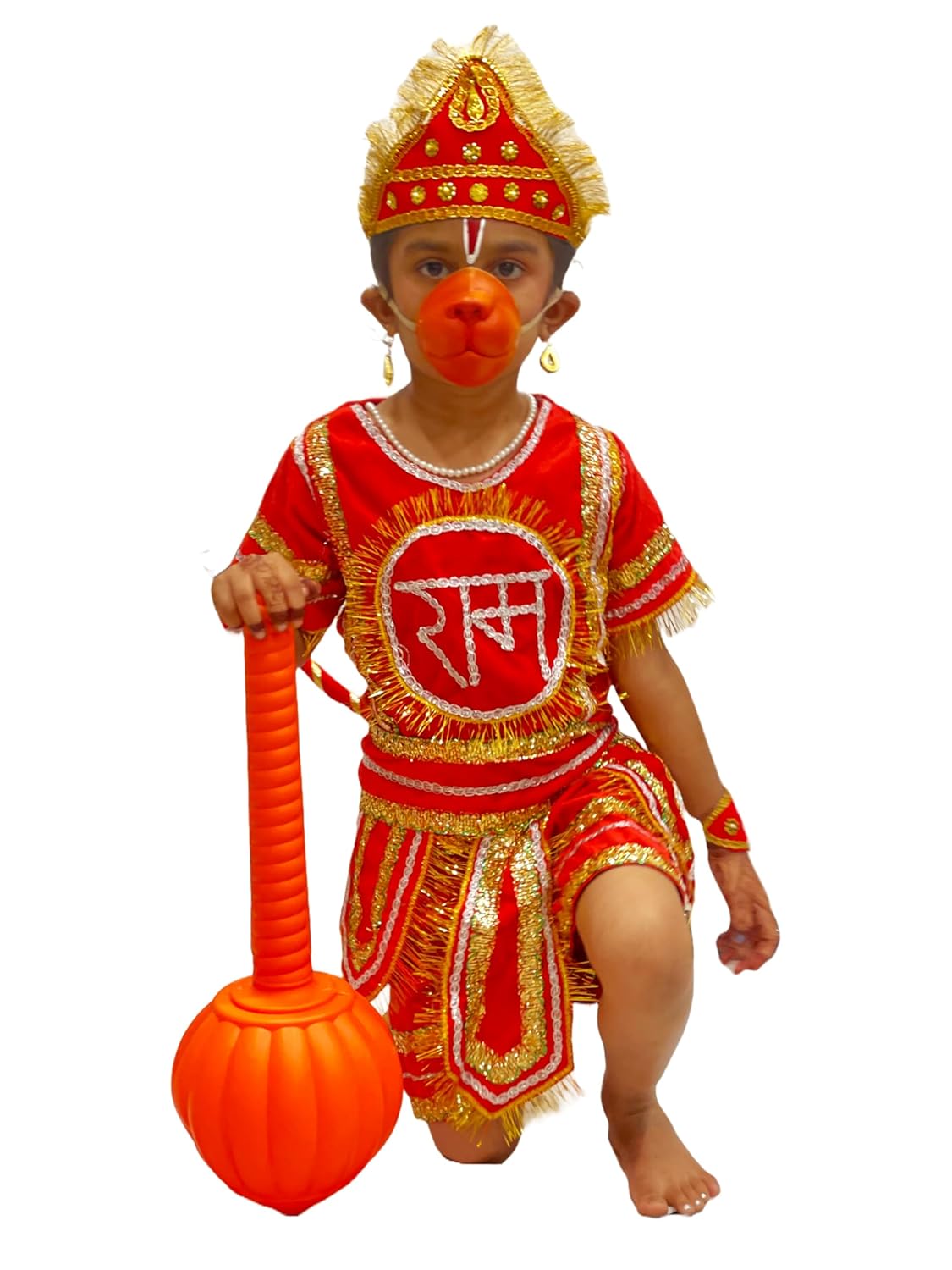 Kids Hanuman Ji Costume Set, Red & Gold Traditional Bjarang bali Dress with Crown, Tail & Mask-With gada