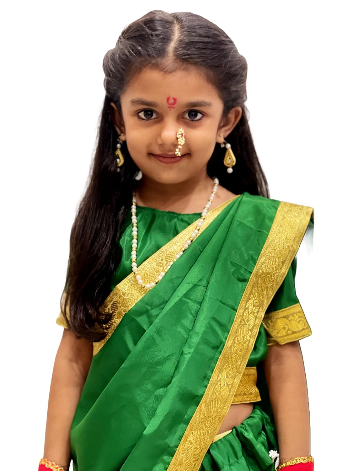 Traditional Marathi Girl Costume for Kids – Green Nauvari Saree Dress with jewellery