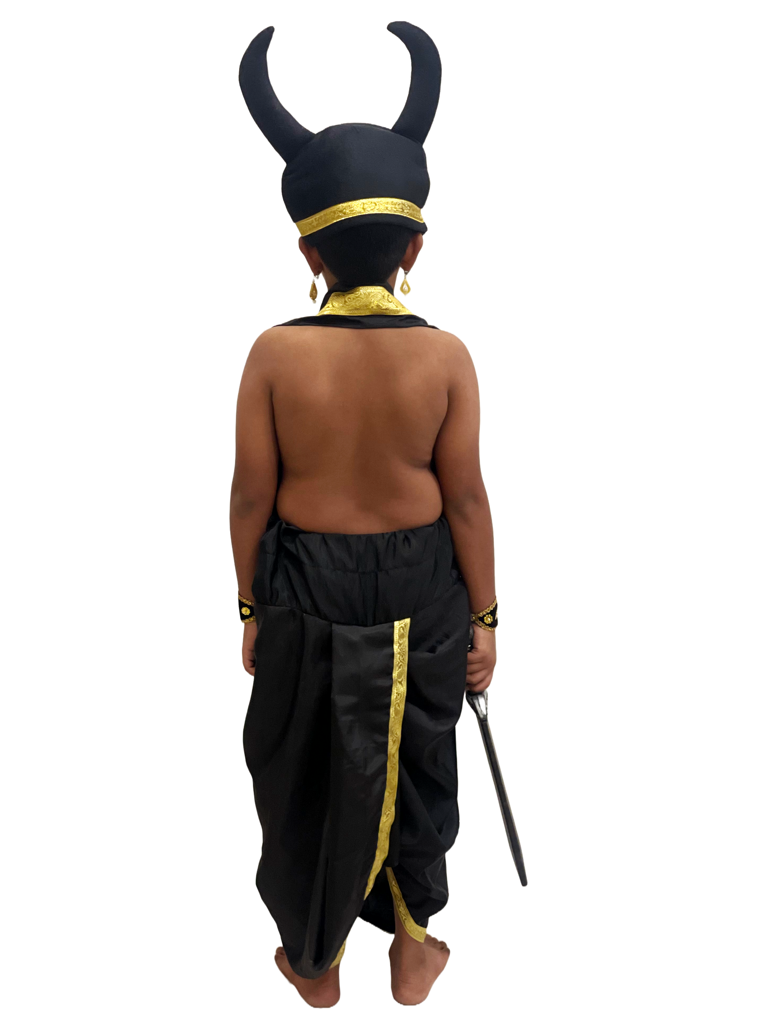 Asur Fancy Dress Costume for Kids | Black & Gold Traditional Rakshasa Outfit with Horn Headgear & Farsa