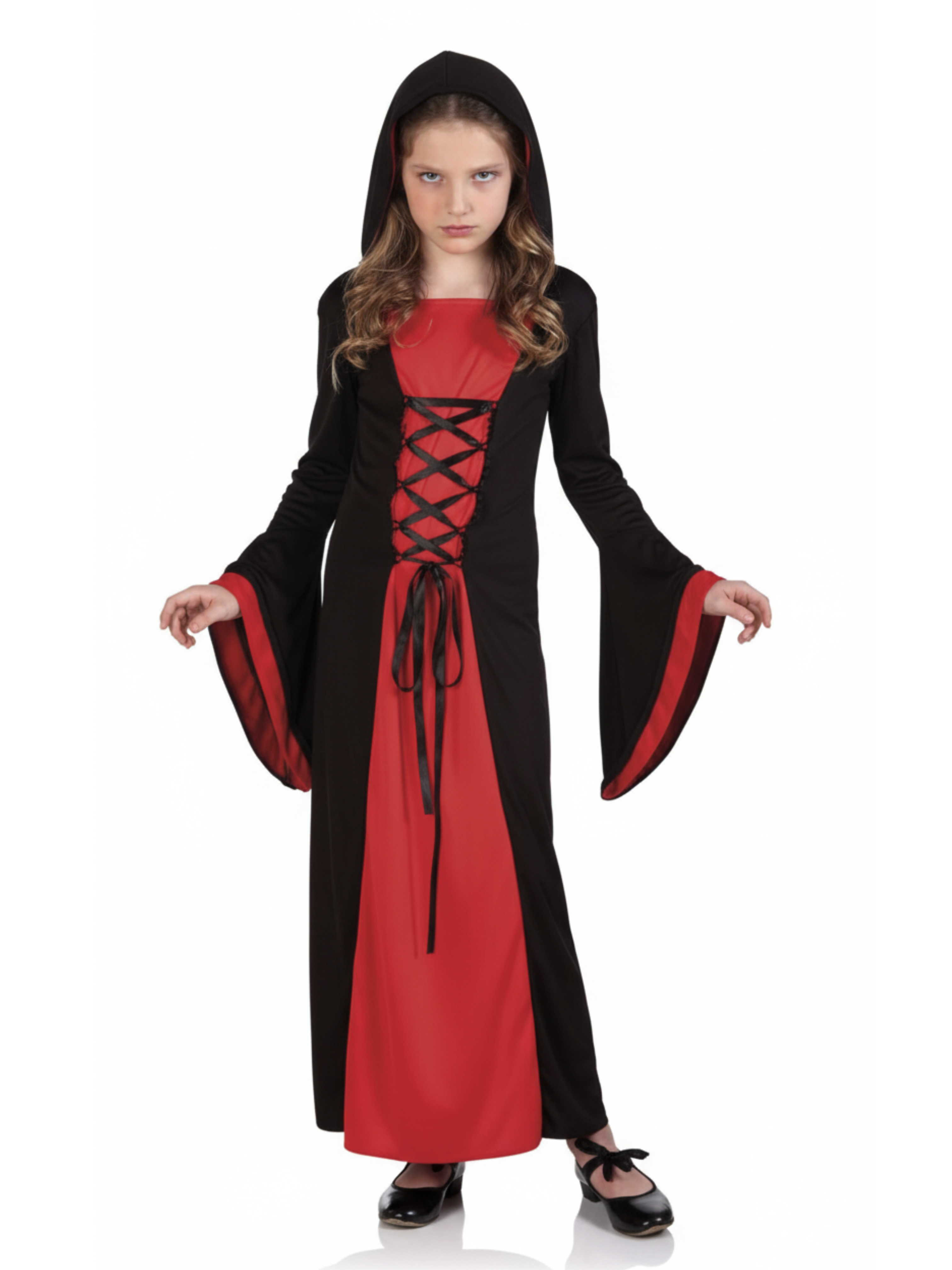 Kids Gothic Witch Costume – Red & Black Hooded witch Halloween Dress for Girls | Vampire Sorceress Costume with Flared Sleeves & Lace Front |