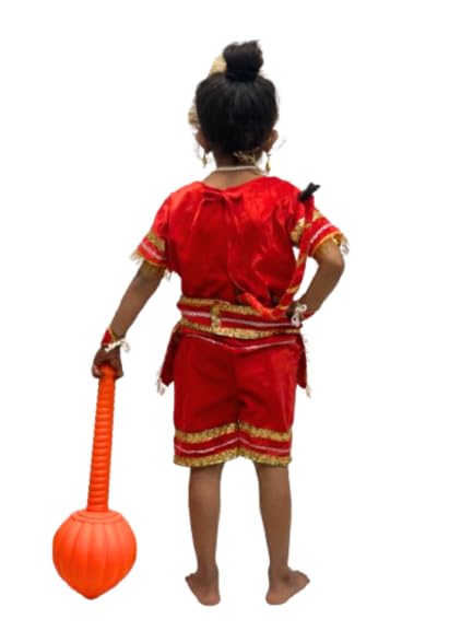 Kids Hanuman Ji Costume Set, Red & Gold Traditional Bjarang bali Dress with Crown, Tail & Mask-With gada