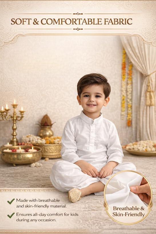 Boys Kurta Pajama Set White | Kids Ethnic Wear Set for Wedding, Festival & Traditional Functions | Cotton Kurta Pyjama Outfit for Boys