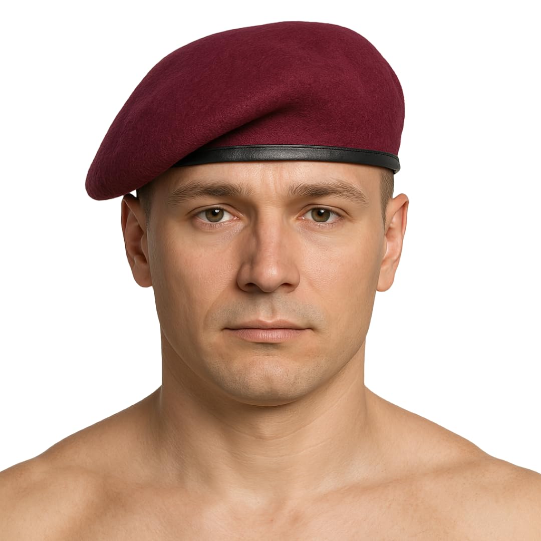 Military Style Beret Cap, Maroon with Black Trim