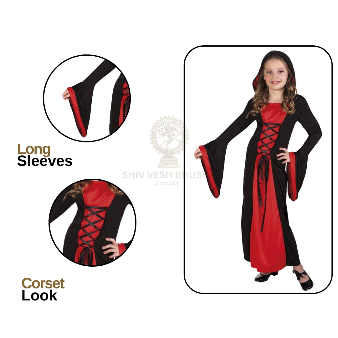 Kids Gothic Witch Costume – Red & Black Hooded witch Halloween Dress for Girls | Vampire Sorceress Costume with Flared Sleeves & Lace Front |