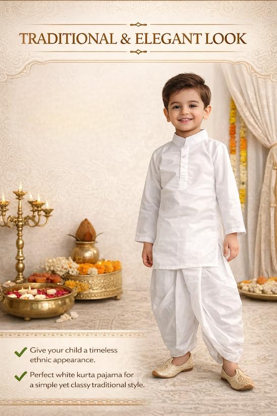 Boys Kurta Pajama Set White | Kids Ethnic Wear Set for Wedding, Festival & Traditional Functions | Cotton Kurta Pyjama Outfit for Boys