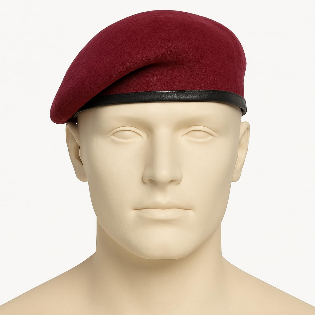 Military Style Beret Cap, Maroon with Black Trim