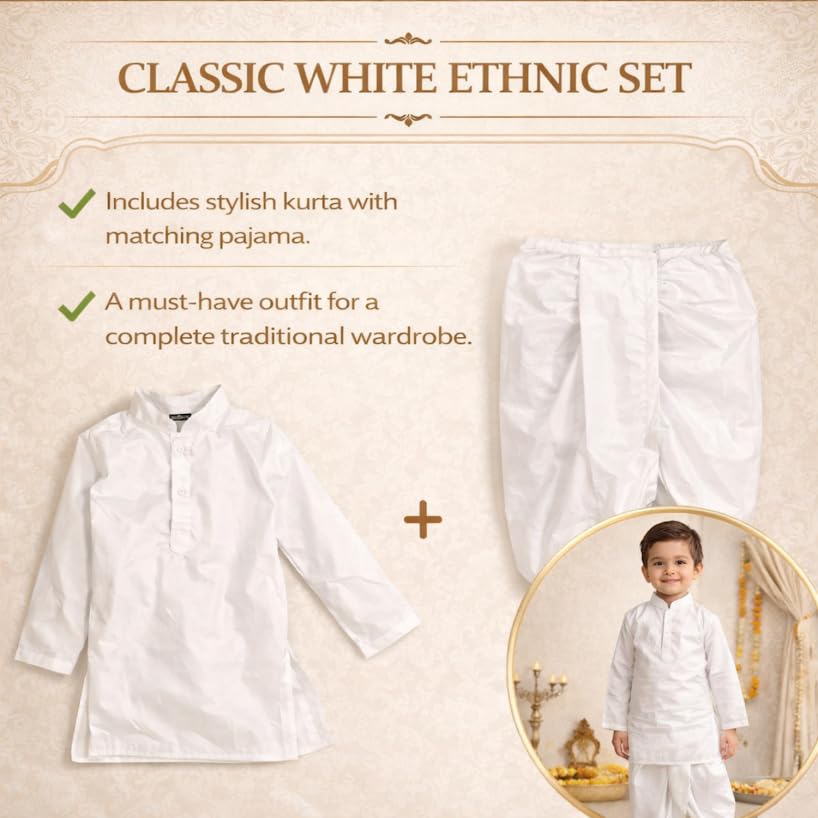 Boys Kurta Pajama Set White | Kids Ethnic Wear Set for Wedding, Festival & Traditional Functions | Cotton Kurta Pyjama Outfit for Boys