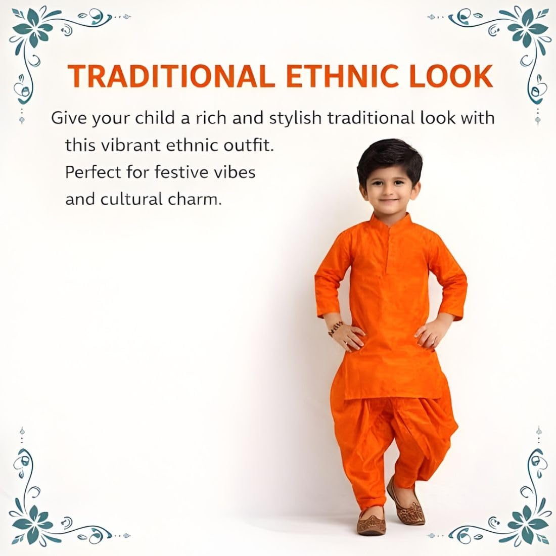 Boys Kurta Pajama Set Orange | Kids Ethnic Wear Dress for Wedding, Festival & Traditional Functions | Cotton Kurta Dhoti Style Pajama Outfit for Boys