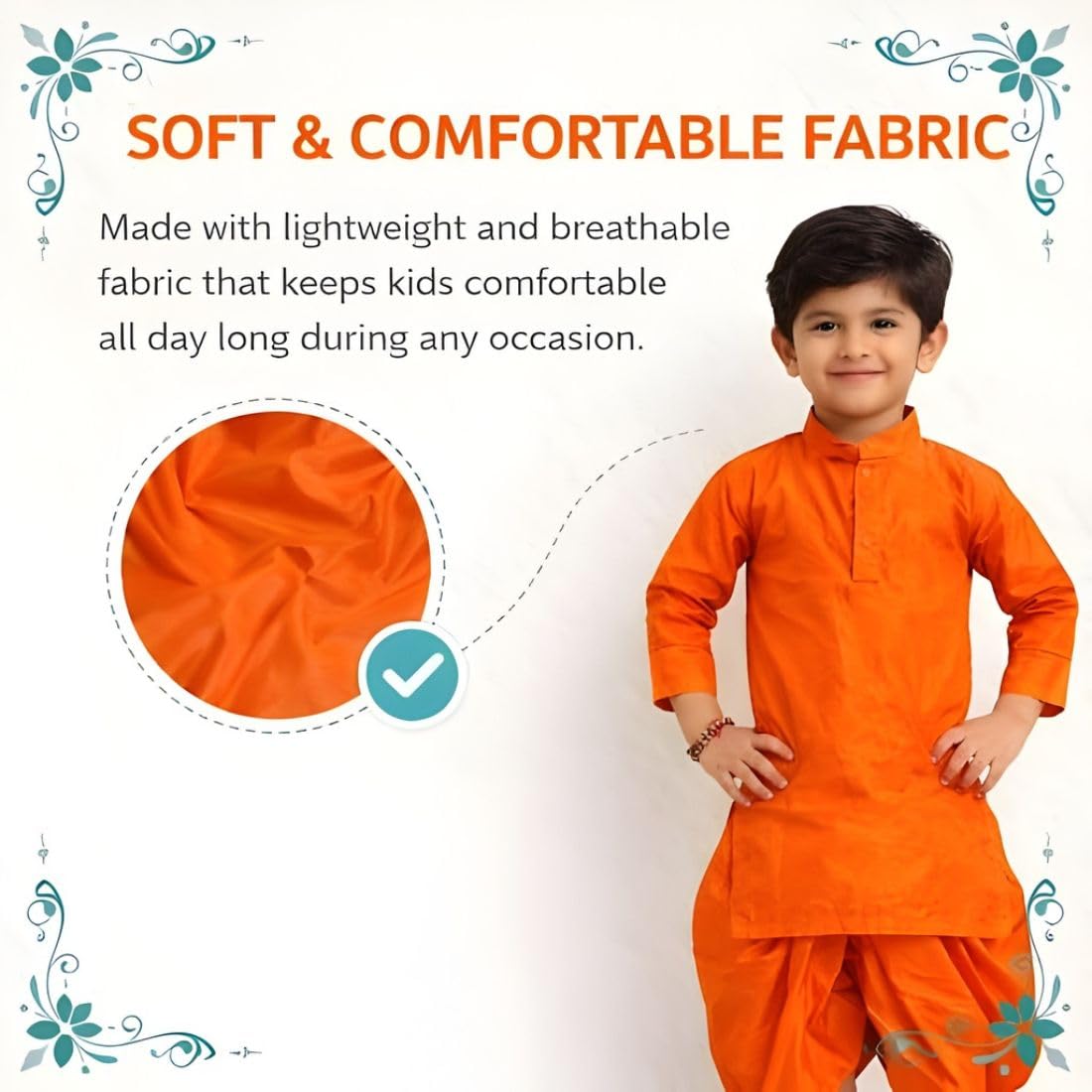 Boys Kurta Pajama Set Orange | Kids Ethnic Wear Dress for Wedding, Festival & Traditional Functions | Cotton Kurta Dhoti Style Pajama Outfit for Boys