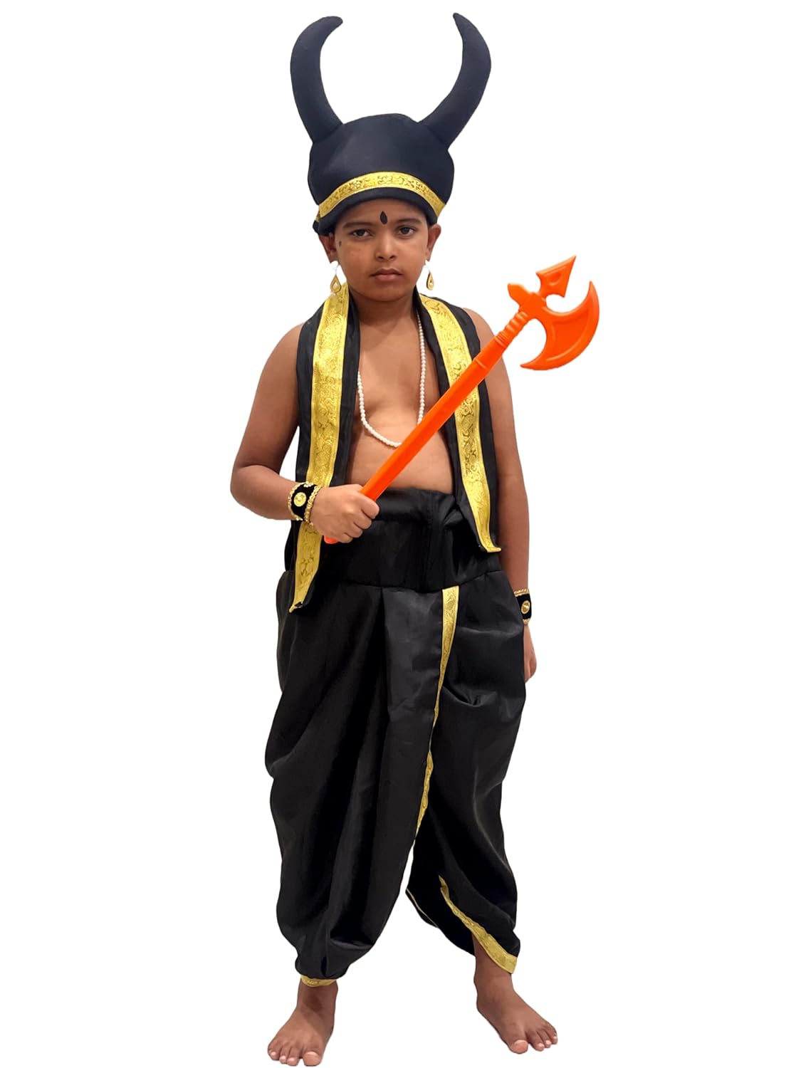 Asur Fancy Dress Costume for Kids | Black & Gold Traditional Rakshasa Outfit with Horn Headgear & Farsa
