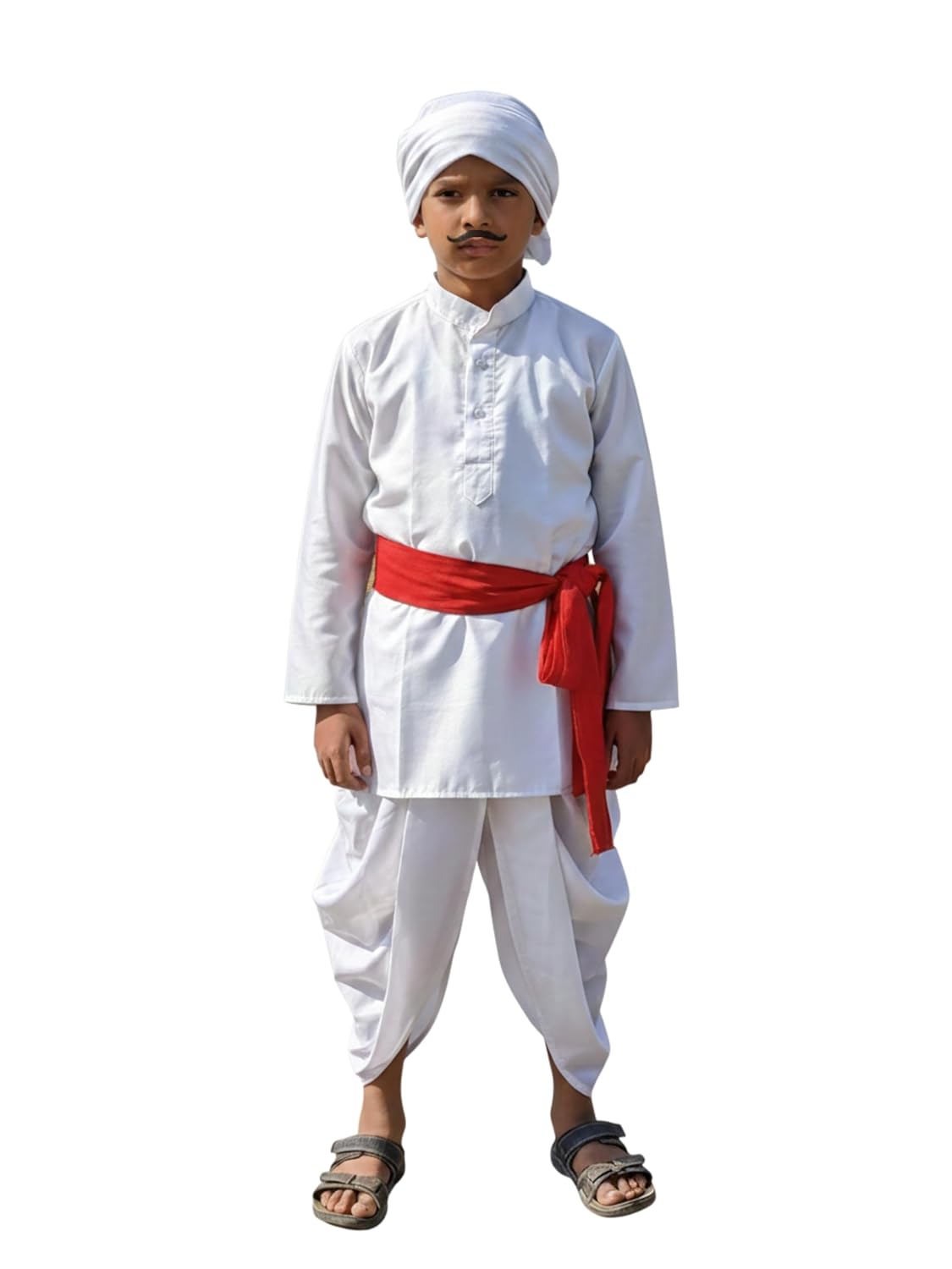 Kids Farmer Costume | Traditional Indian Farmer Dress for Boys | Kurta, Dhoti, Red & White Dupatta, Stick-On Moustache | Fancy Dress for School Functions & Cultural Events