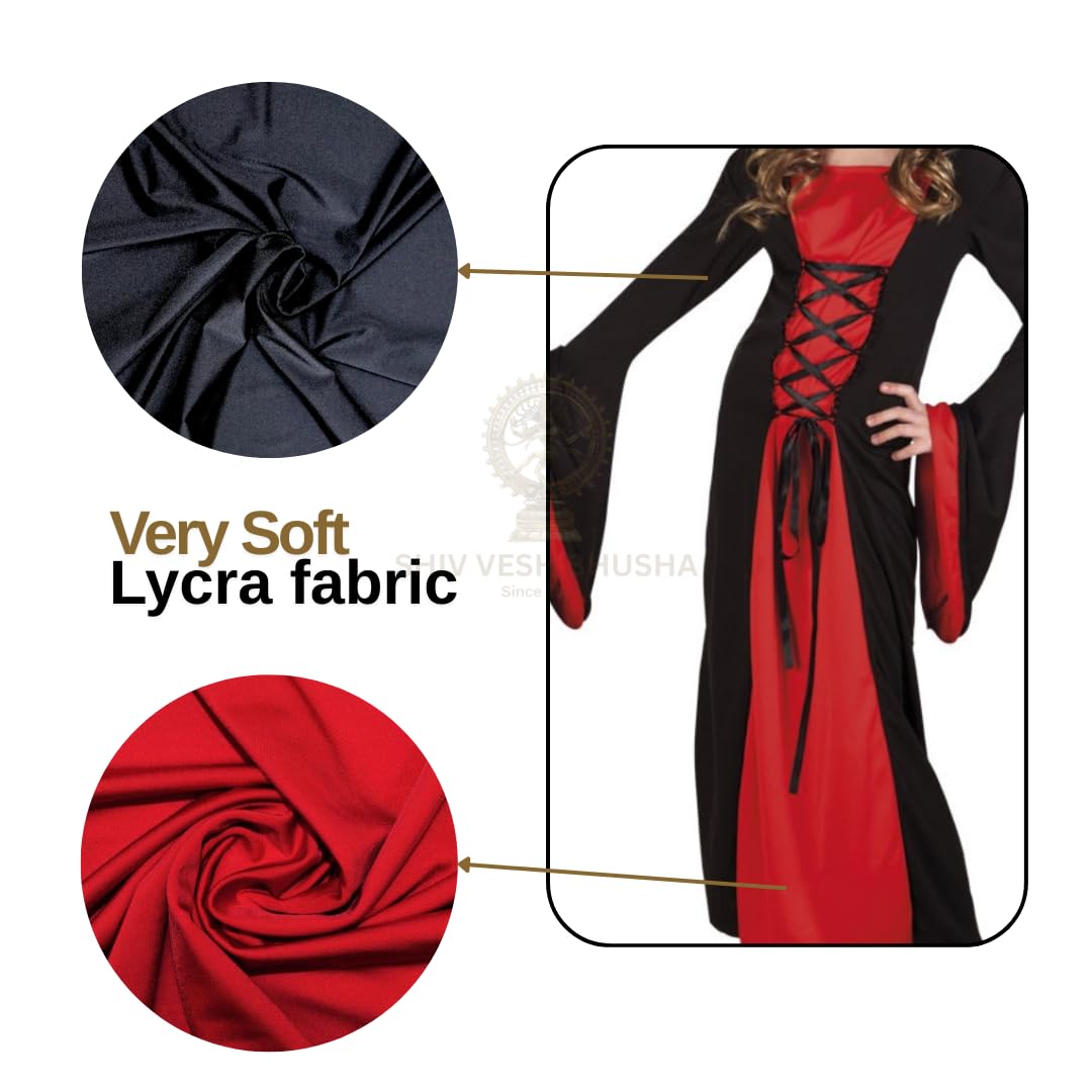 Kids Gothic Witch Costume – Red & Black Hooded witch Halloween Dress for Girls | Vampire Sorceress Costume with Flared Sleeves & Lace Front |