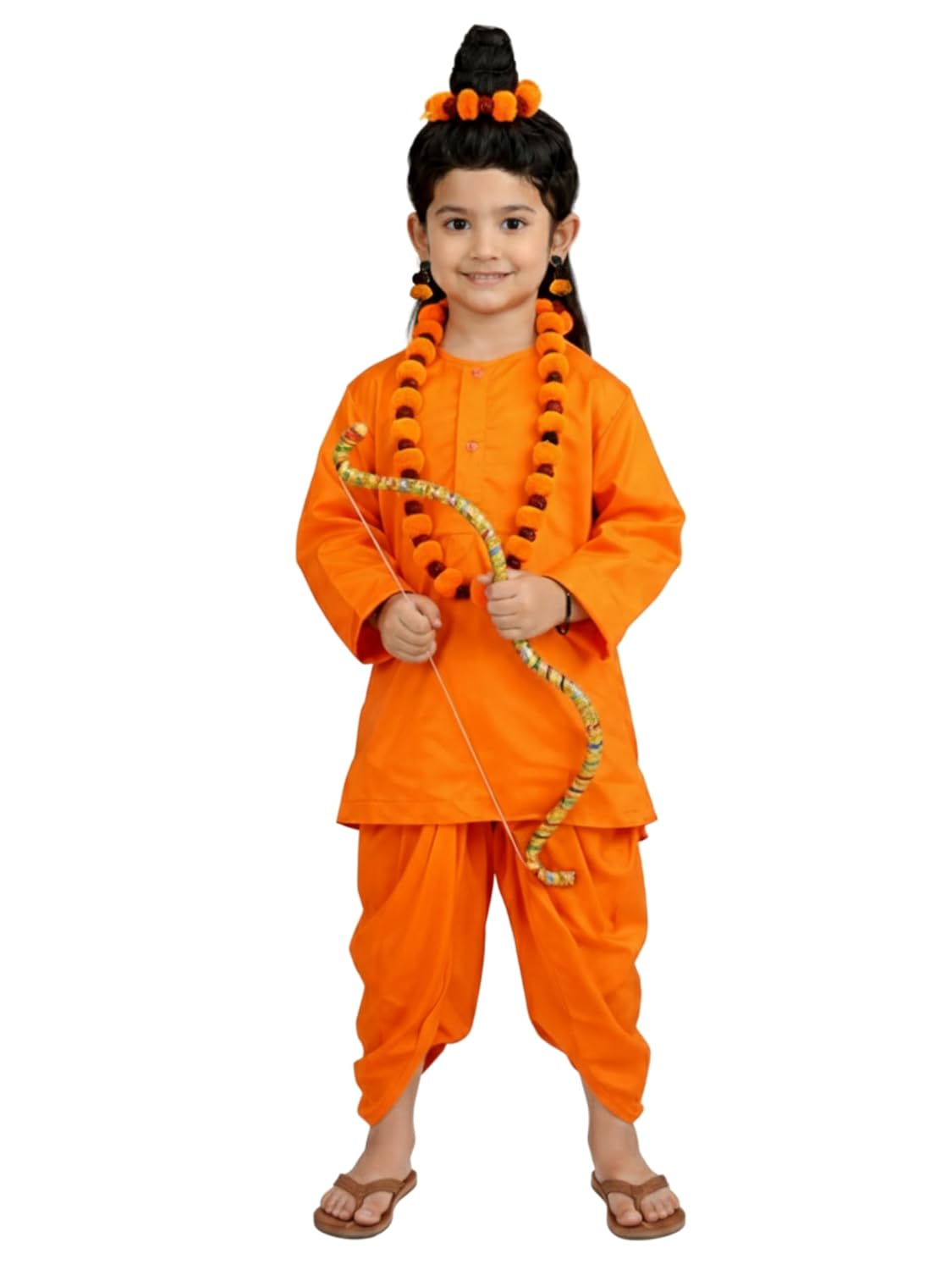 Lord Ram Ji Vanvasi Costume for Kids, Complete Ramayan Character Set with Saffron Dhoti, Kurta, Rudraksha Mala, Earrings, Bracelets & dhanush.