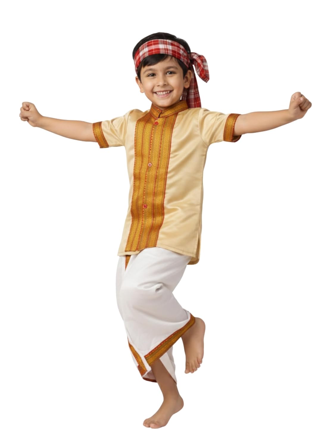 Bihu Costume for Boys, Traditional Assamese Dress, Gold and White Ethnic Wear for Kids