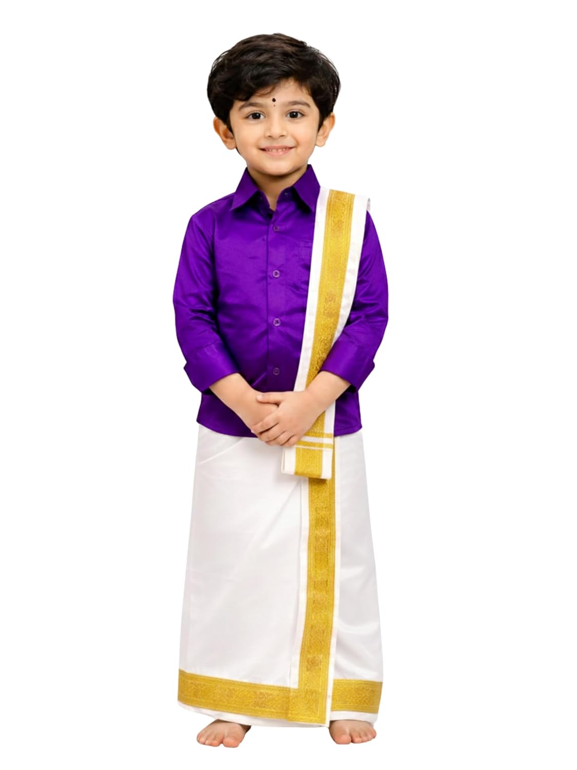 South Indian Traditional Boy Costume, Purple Silk Shirt with White Dhoti and Golden Border, Temple Wear Festival Fancy Dress for Kids