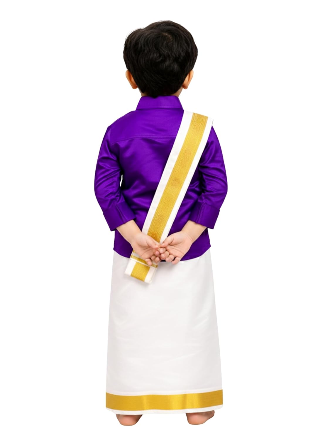 South Indian Traditional Boy Costume, Purple Silk Shirt with White Dhoti and Golden Border, Temple Wear Festival Fancy Dress for Kids