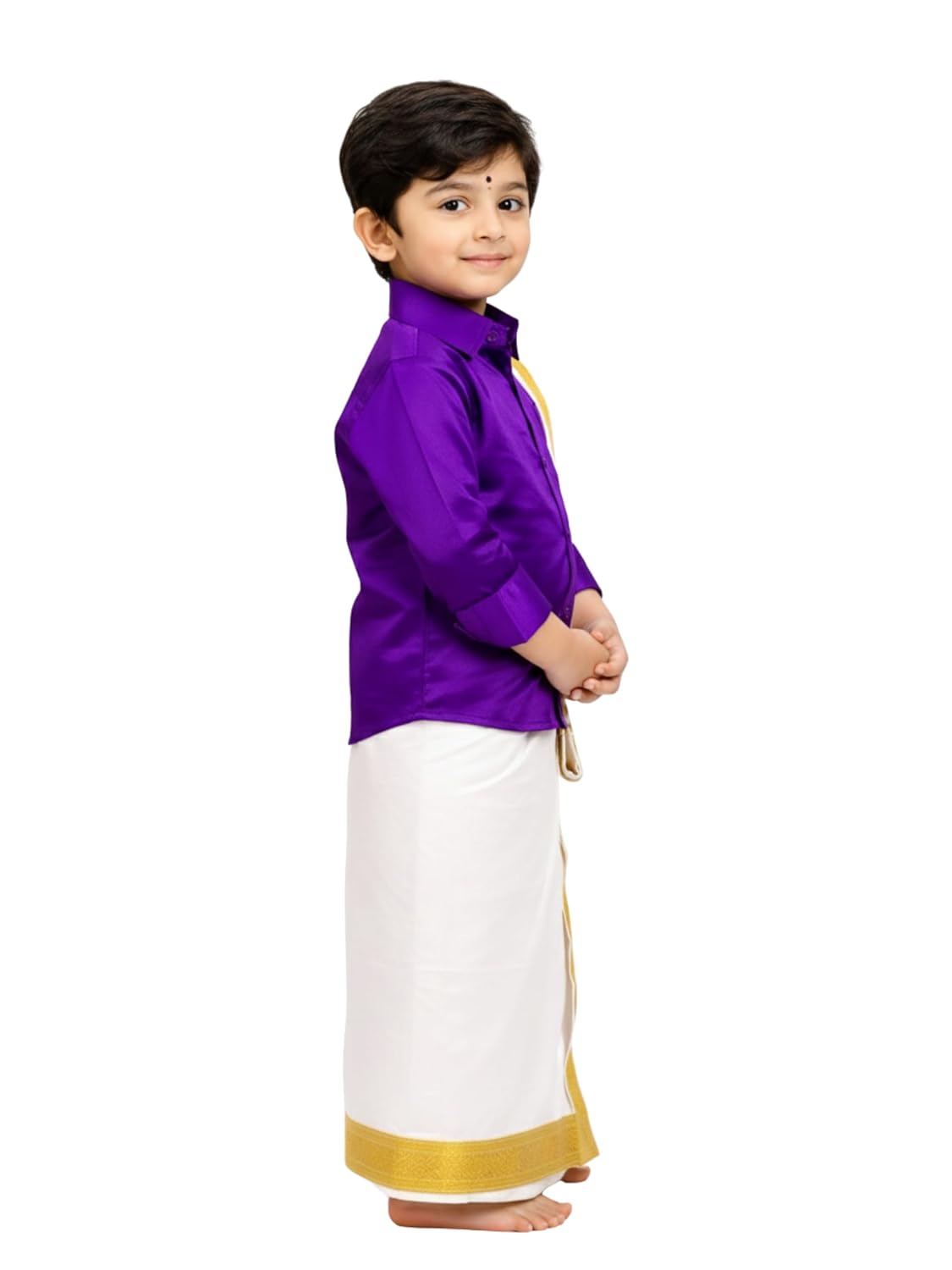 South Indian Traditional Boy Costume, Purple Silk Shirt with White Dhoti and Golden Border, Temple Wear Festival Fancy Dress for Kids