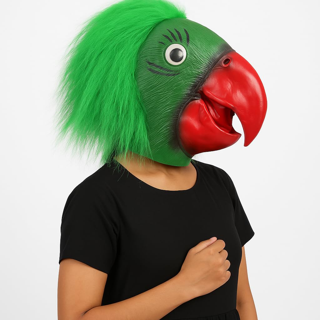 Green Parrot Costume Mask with Fur Hair, Red Beak, Leather-Look Finish for Kids