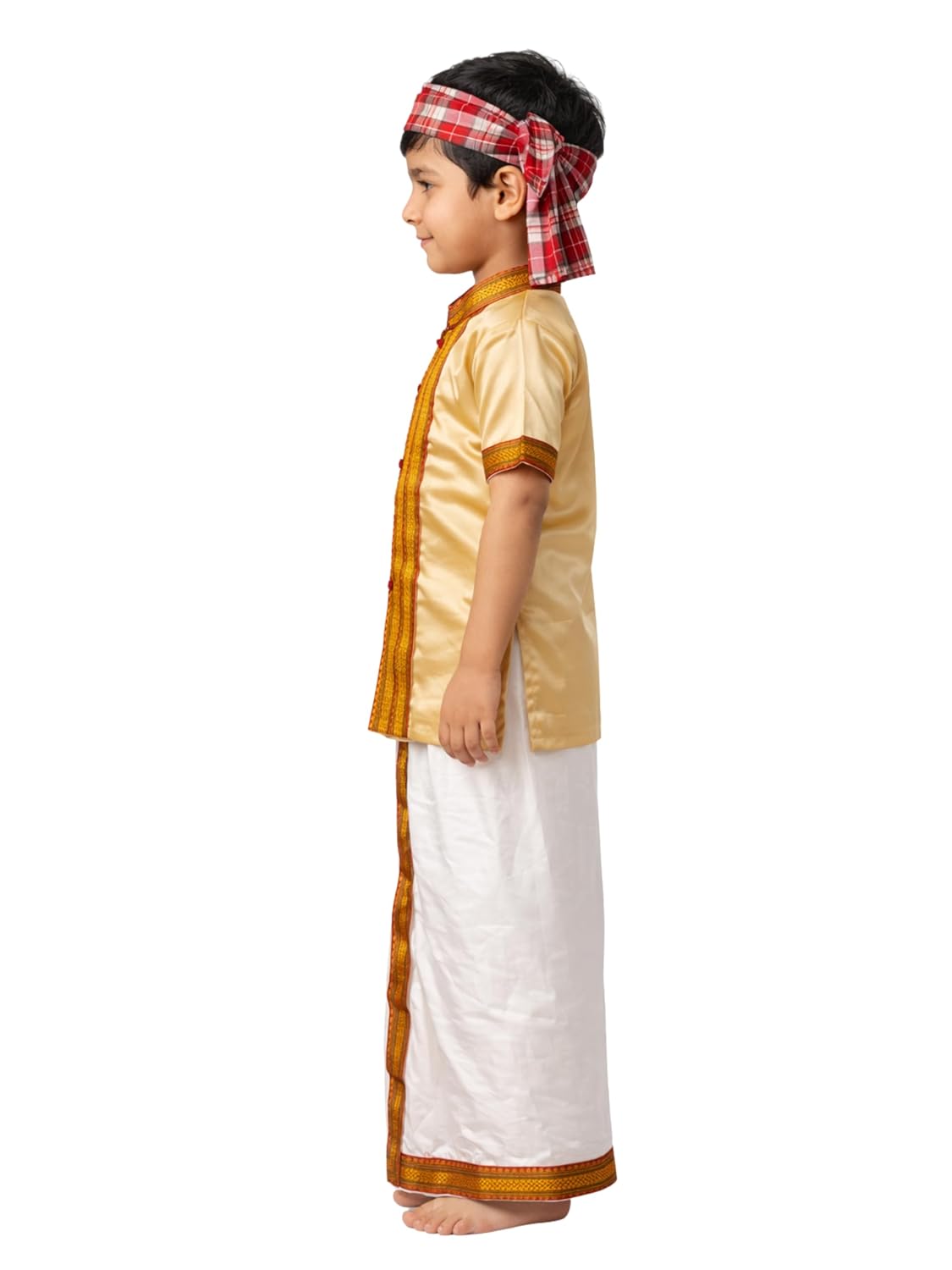 Bihu Costume for Boys, Traditional Assamese Dress, Gold and White Ethnic Wear for Kids