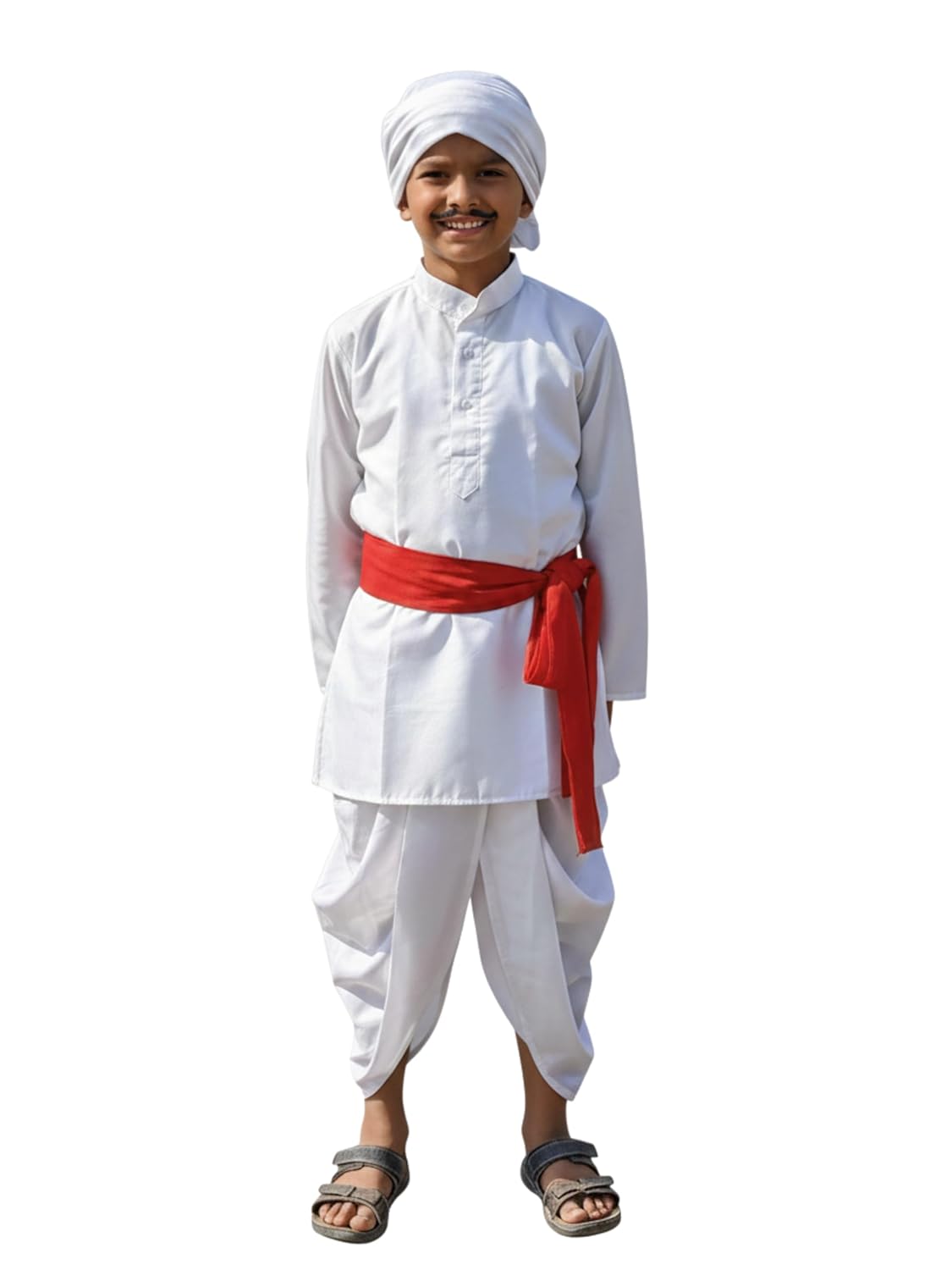 Kids Farmer Costume | Traditional Indian Farmer Dress for Boys | Kurta, Dhoti, Red & White Dupatta, Stick-On Moustache | Fancy Dress for School Functions & Cultural Events