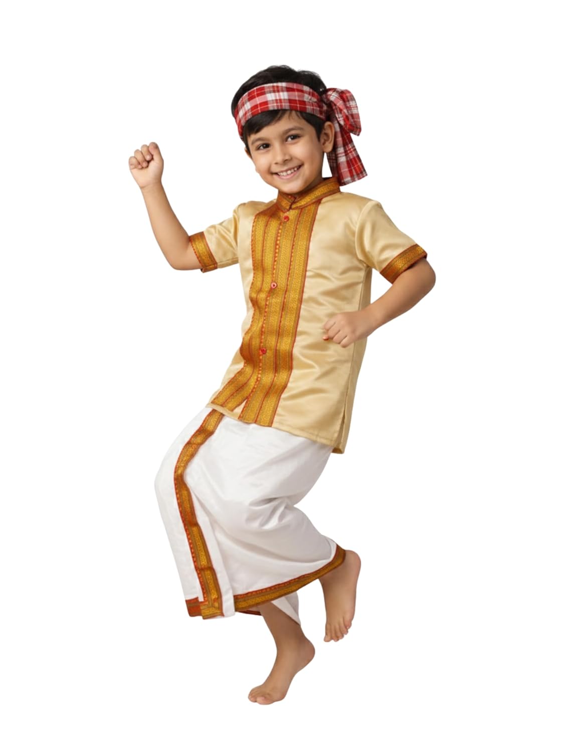 Bihu Costume for Boys, Traditional Assamese Dress, Gold and White Ethnic Wear for Kids