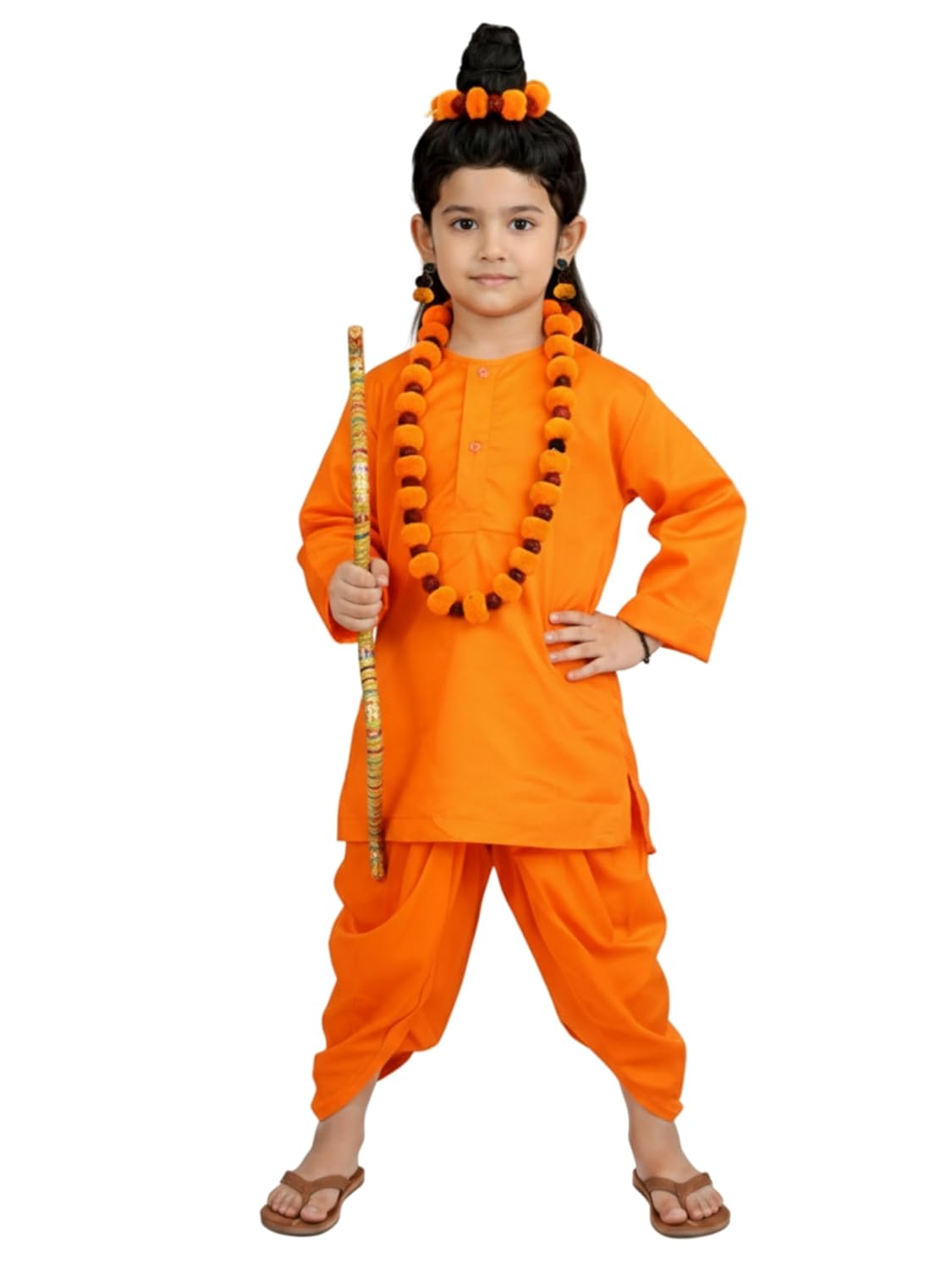 Lord Ram Ji Vanvasi Costume for Kids, Complete Ramayan Character Set with Saffron Dhoti, Kurta, Rudraksha Mala, Earrings, Bracelets & dhanush.