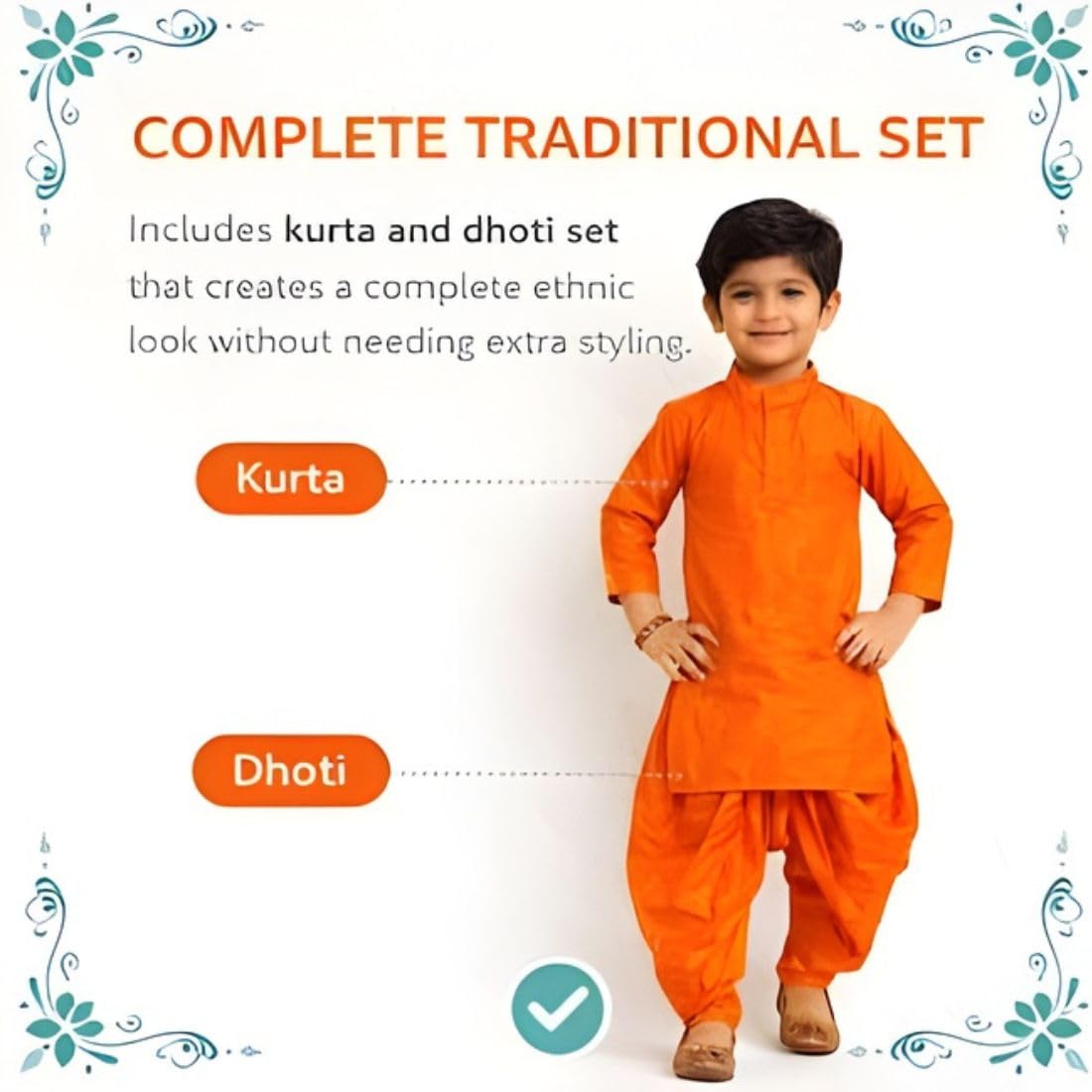 Boys Kurta Pajama Set Orange | Kids Ethnic Wear Dress for Wedding, Festival & Traditional Functions | Cotton Kurta Dhoti Style Pajama Outfit for Boys